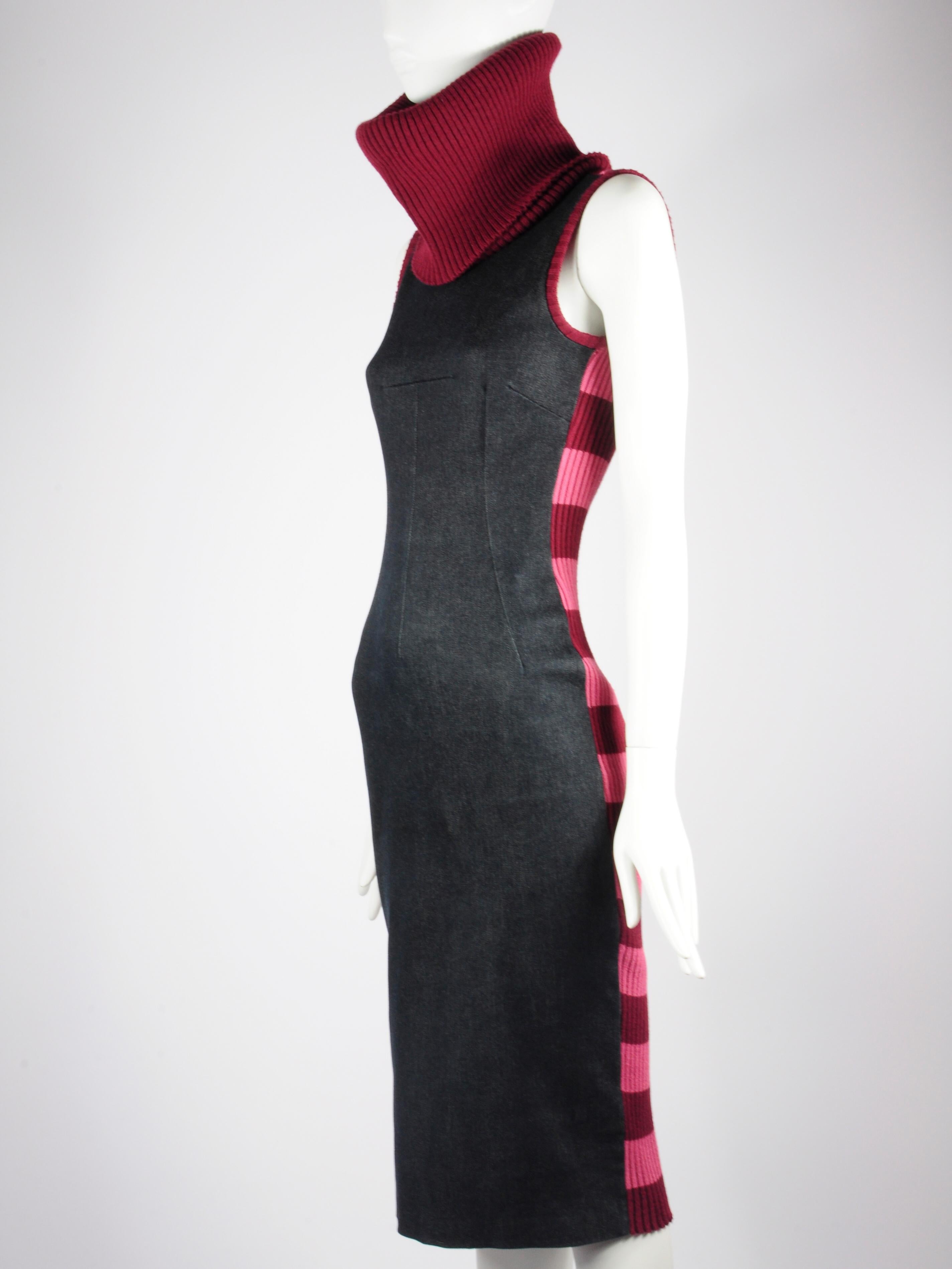 D&G Dolce & Gabbana Denim and Knitwear Dress Striped Turtleneck Sleeveless 1990s For Sale 6