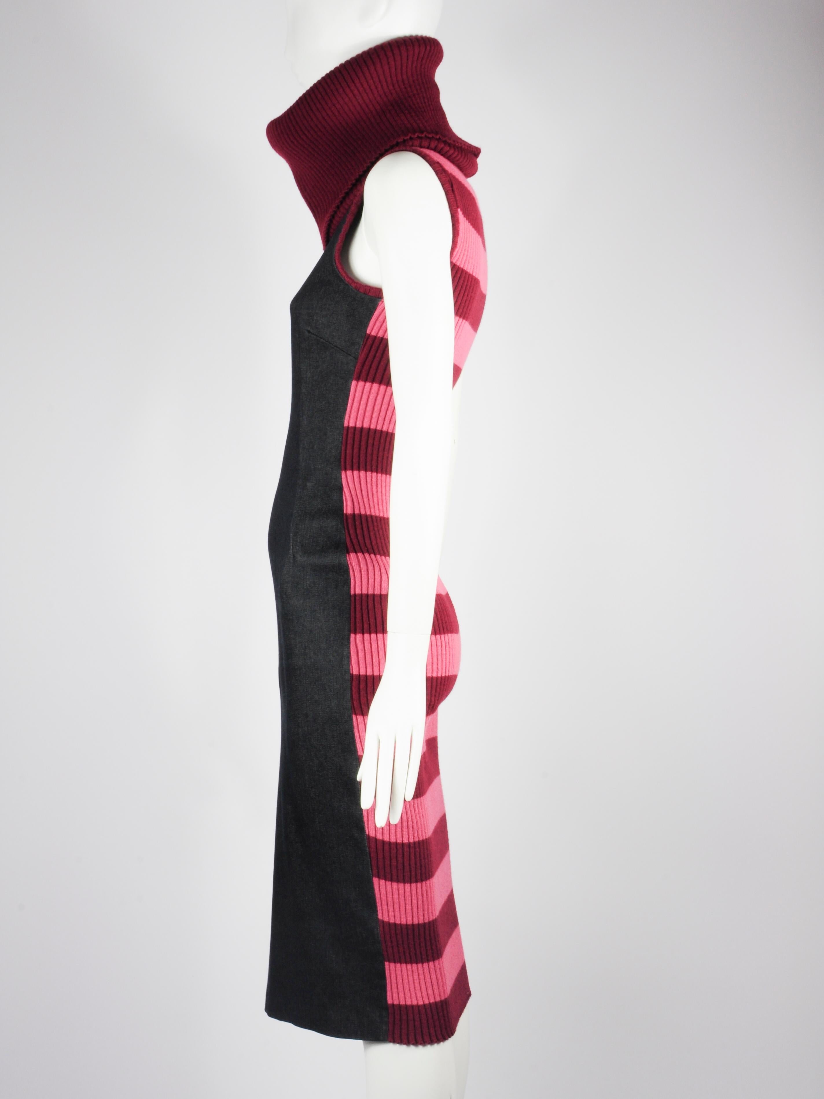 D&G Dolce & Gabbana Denim and Knitwear Dress Striped Turtleneck Sleeveless 1990s For Sale 7
