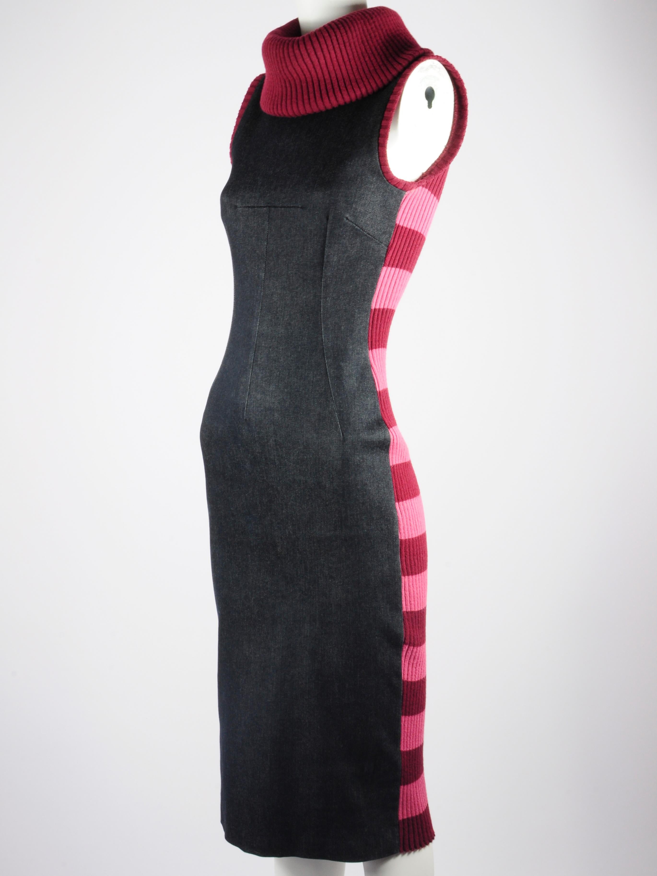 D&G Dolce & Gabbana Denim and Knitwear Dress Striped Turtleneck Sleeveless 1990s For Sale 11