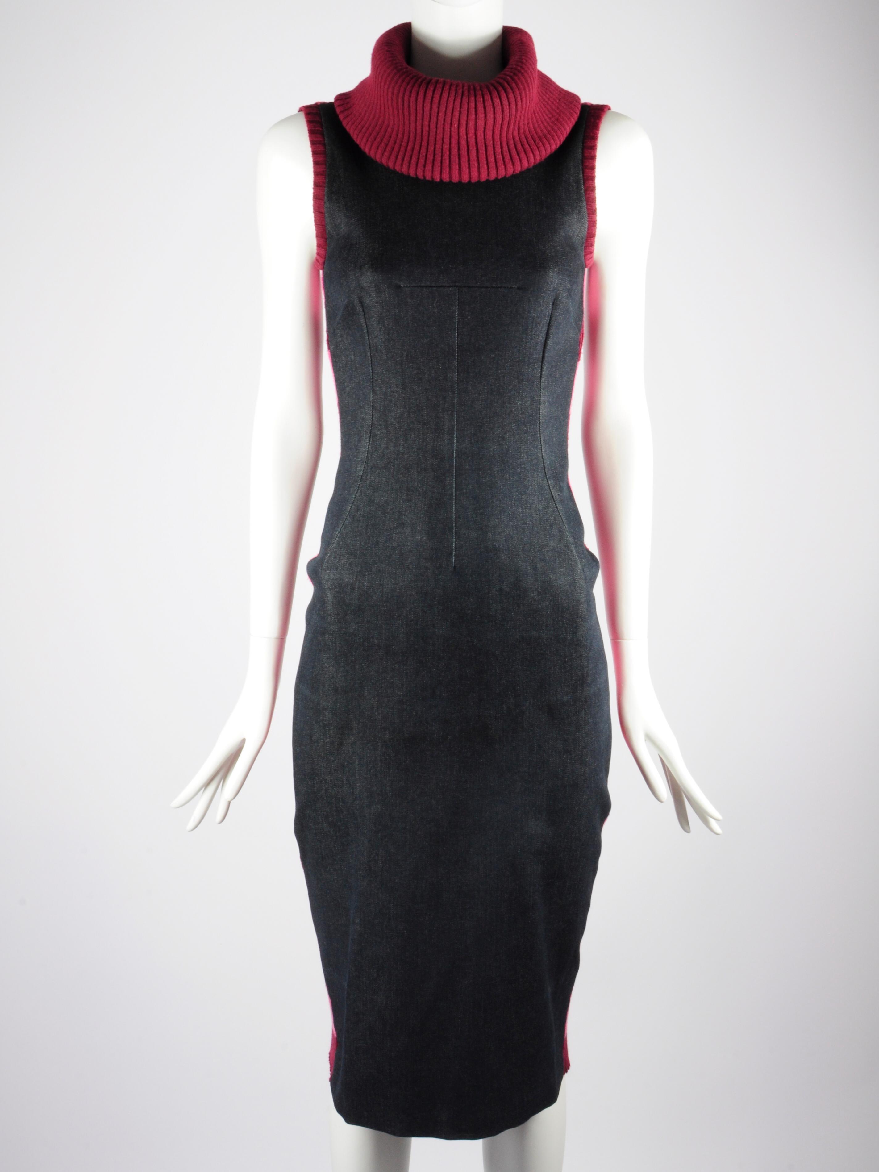 D&G Dolce & Gabbana Denim and Knitwear Dress Striped Turtleneck Sleeveless 1990s For Sale 12