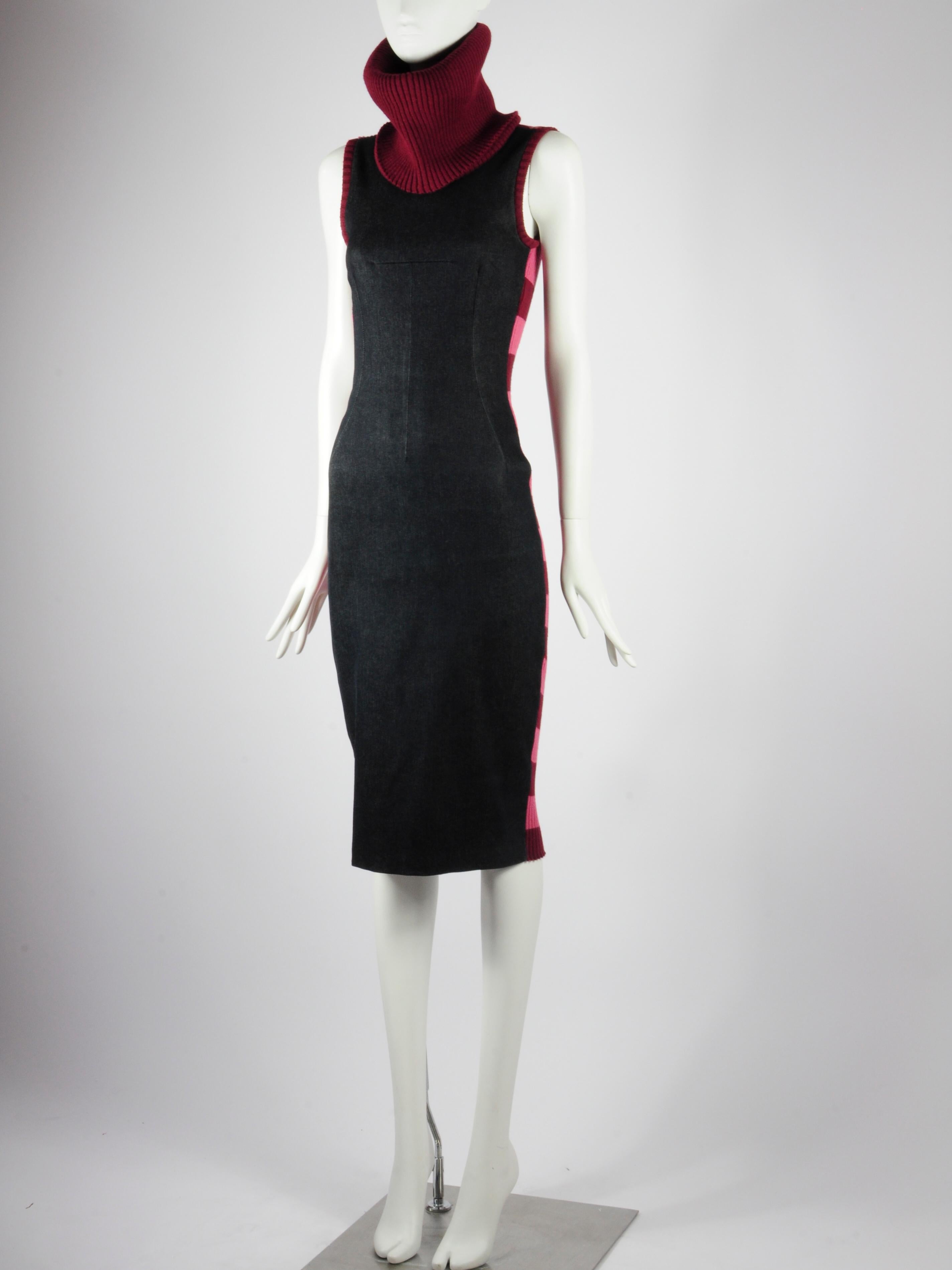 D&G Dolce & Gabbana Denim and Knitwear Dress Striped Turtleneck Sleeveless 1990s For Sale 3