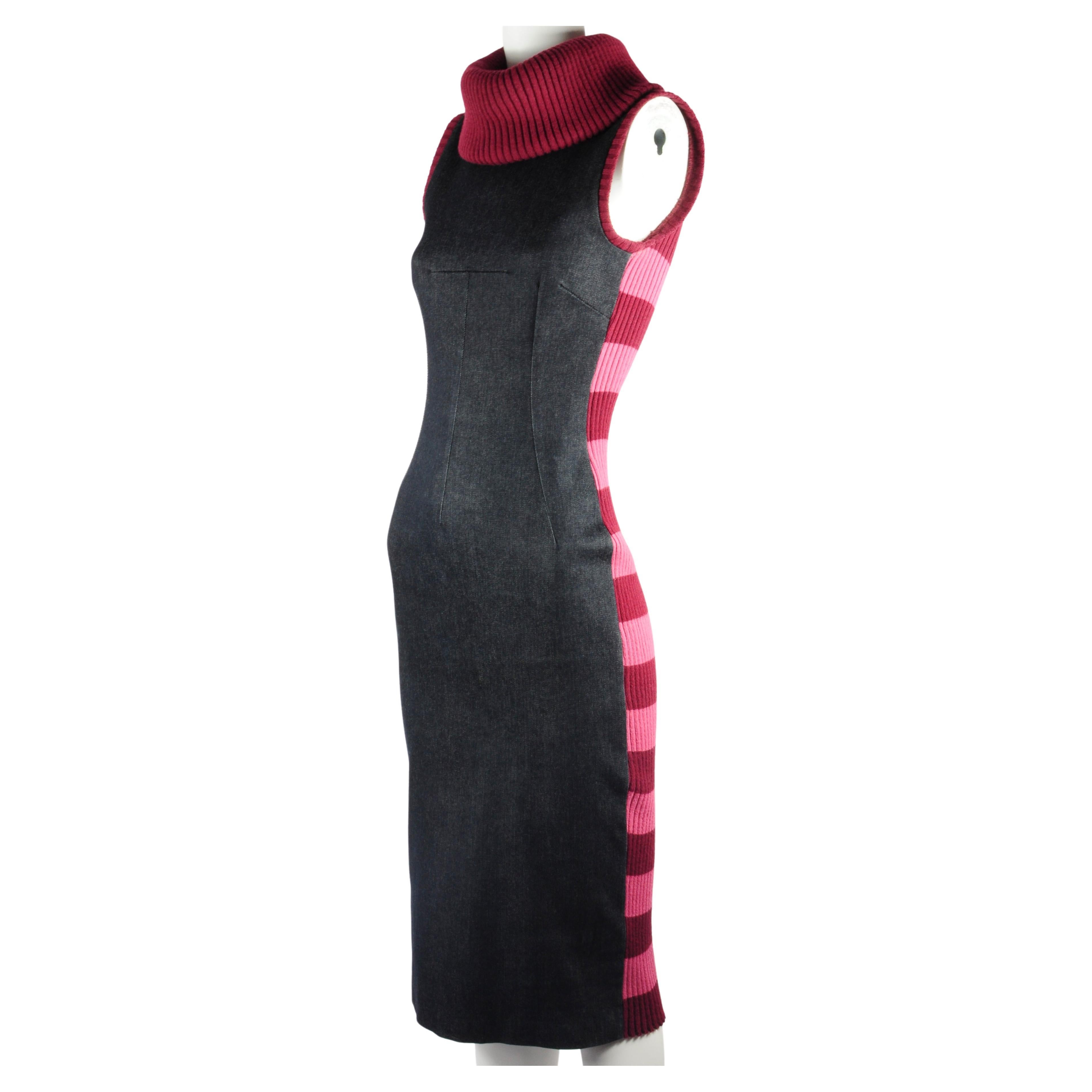 D&G Dolce & Gabbana Denim and Knitwear Dress Striped Turtleneck Sleeveless 1990s For Sale