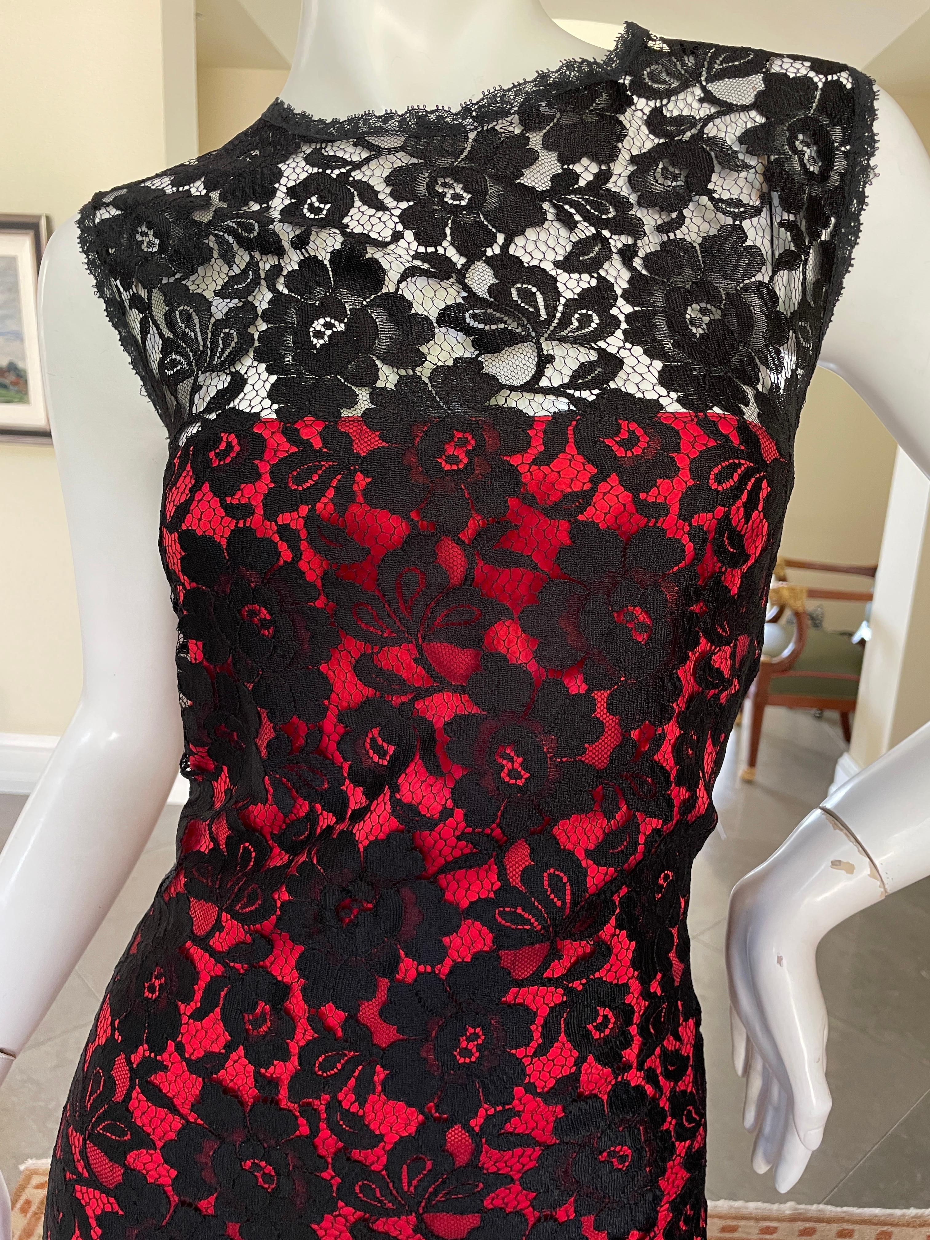 D&G Dolce & Gabbana Red Cocktail Dress with Black Lace Overlay In Excellent Condition For Sale In Cloverdale, CA