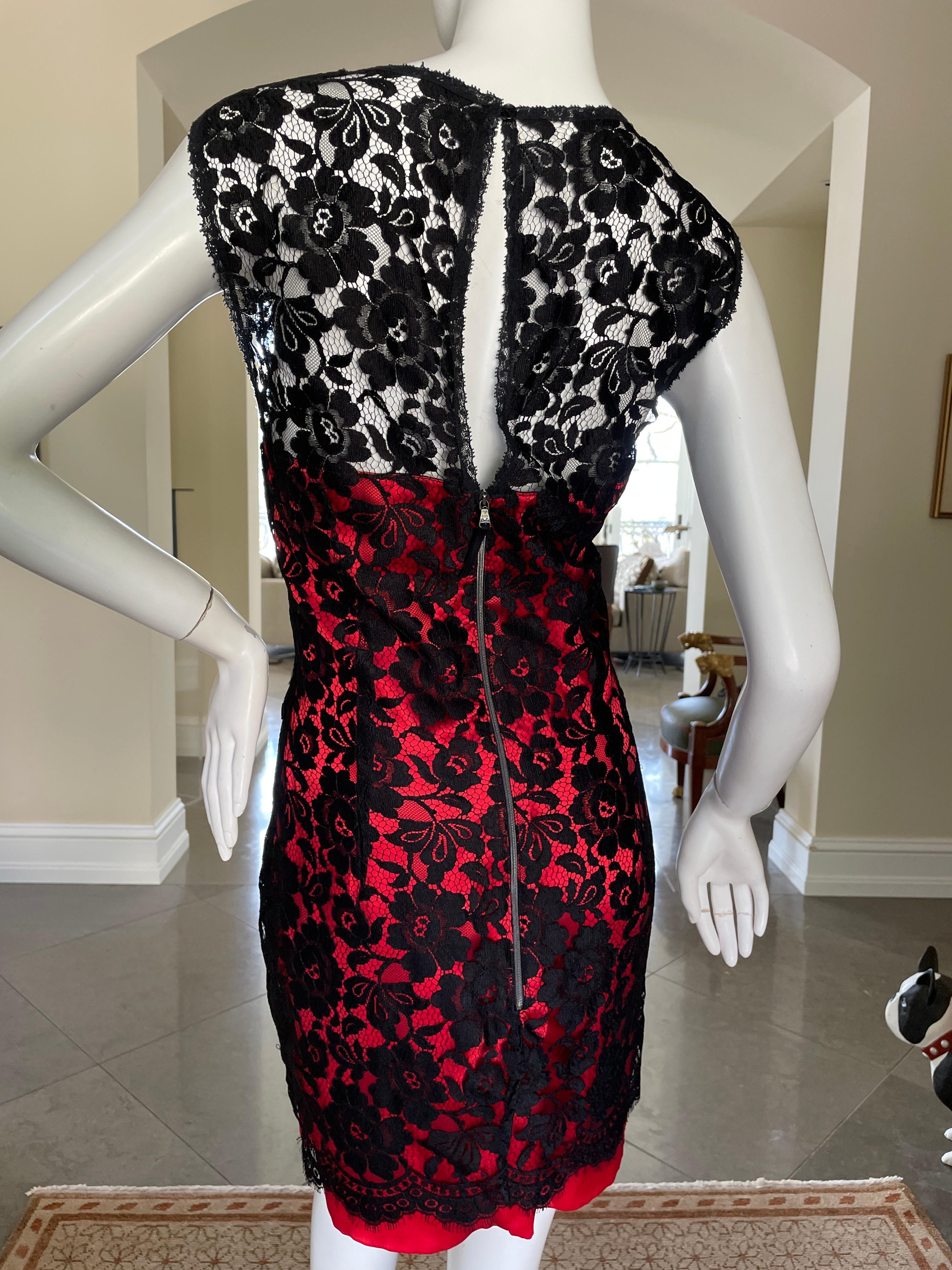Women's D&G Dolce & Gabbana Red Cocktail Dress with Black Lace Overlay For Sale