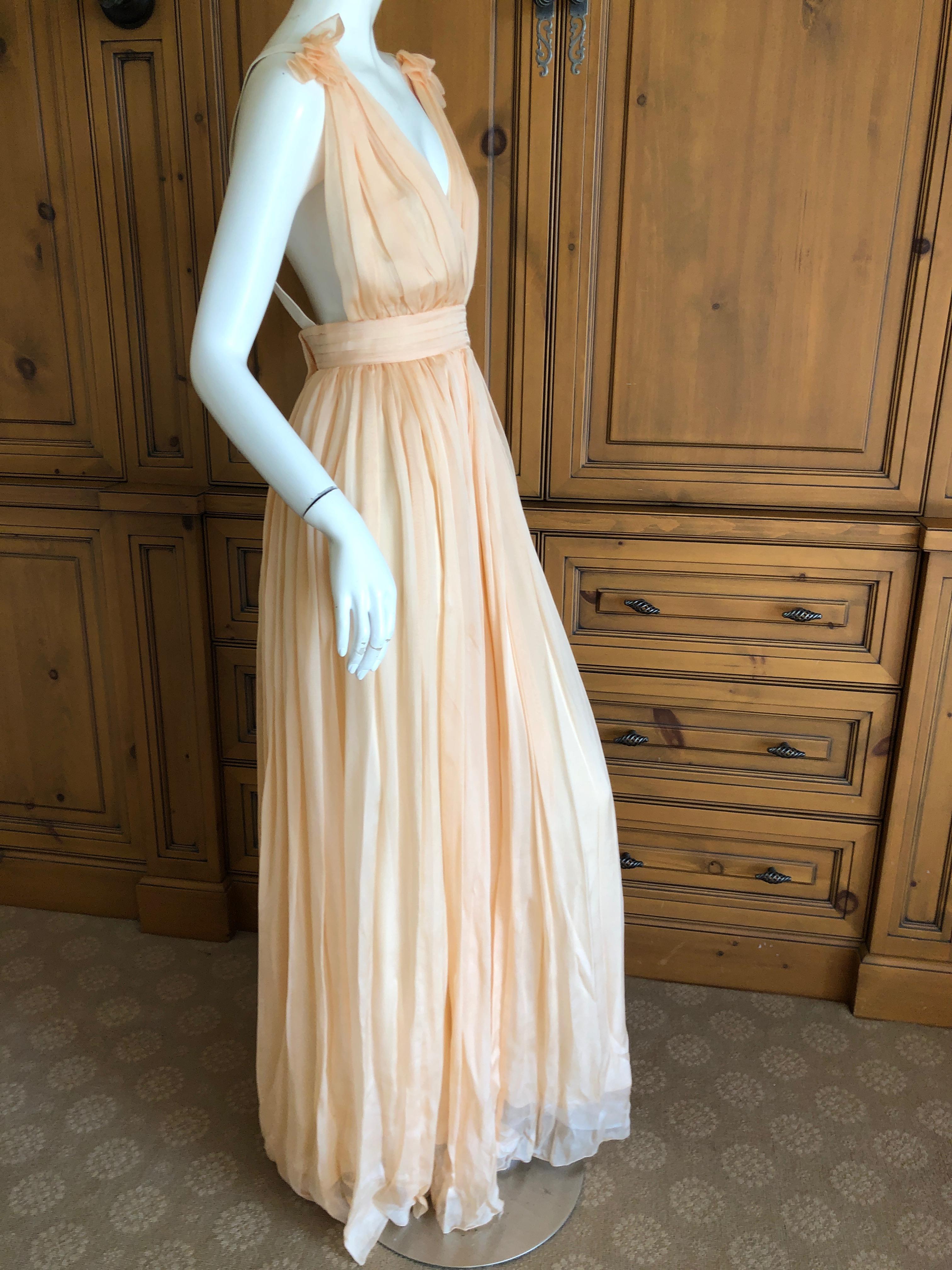 D&G Dolce & Gabbana Romantic Apricot Pink Silk Flowing Low Cut Evening Dress  In Good Condition For Sale In Cloverdale, CA