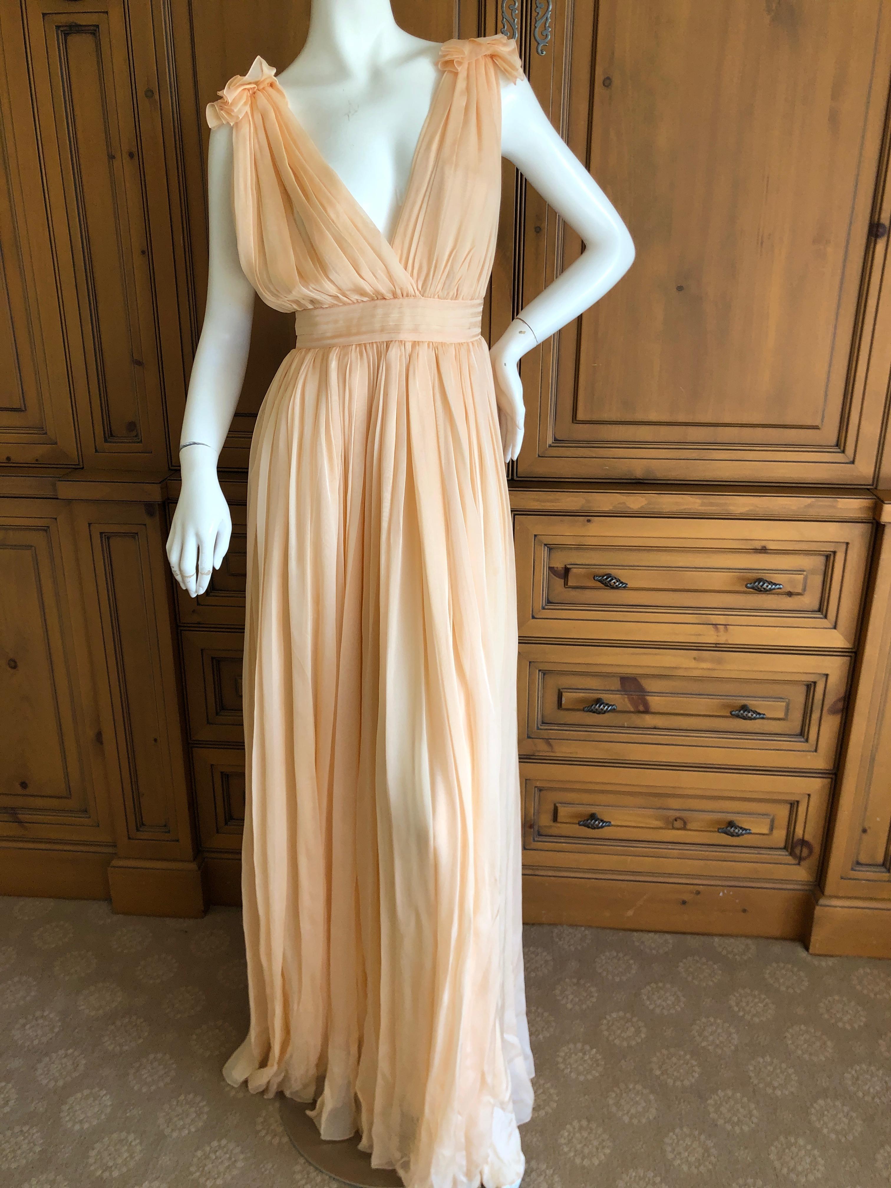 D&G Dolce & Gabbana Romantic Apricot Pink Silk Flowing Low Cut Evening Dress  For Sale 3