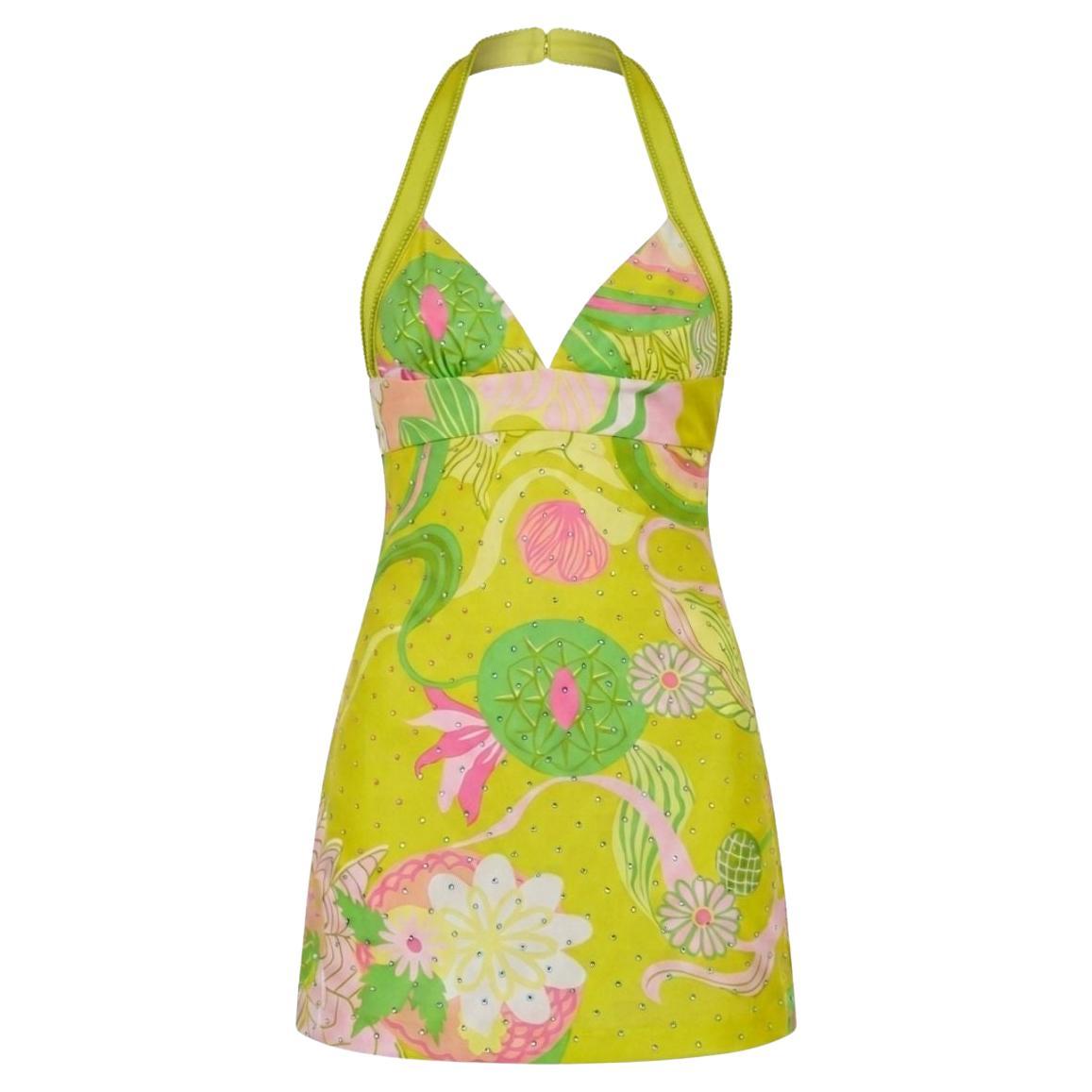 D&G Dolce & Gabbana Spring 2004 Floral Swarovski Crystal Mini Dress