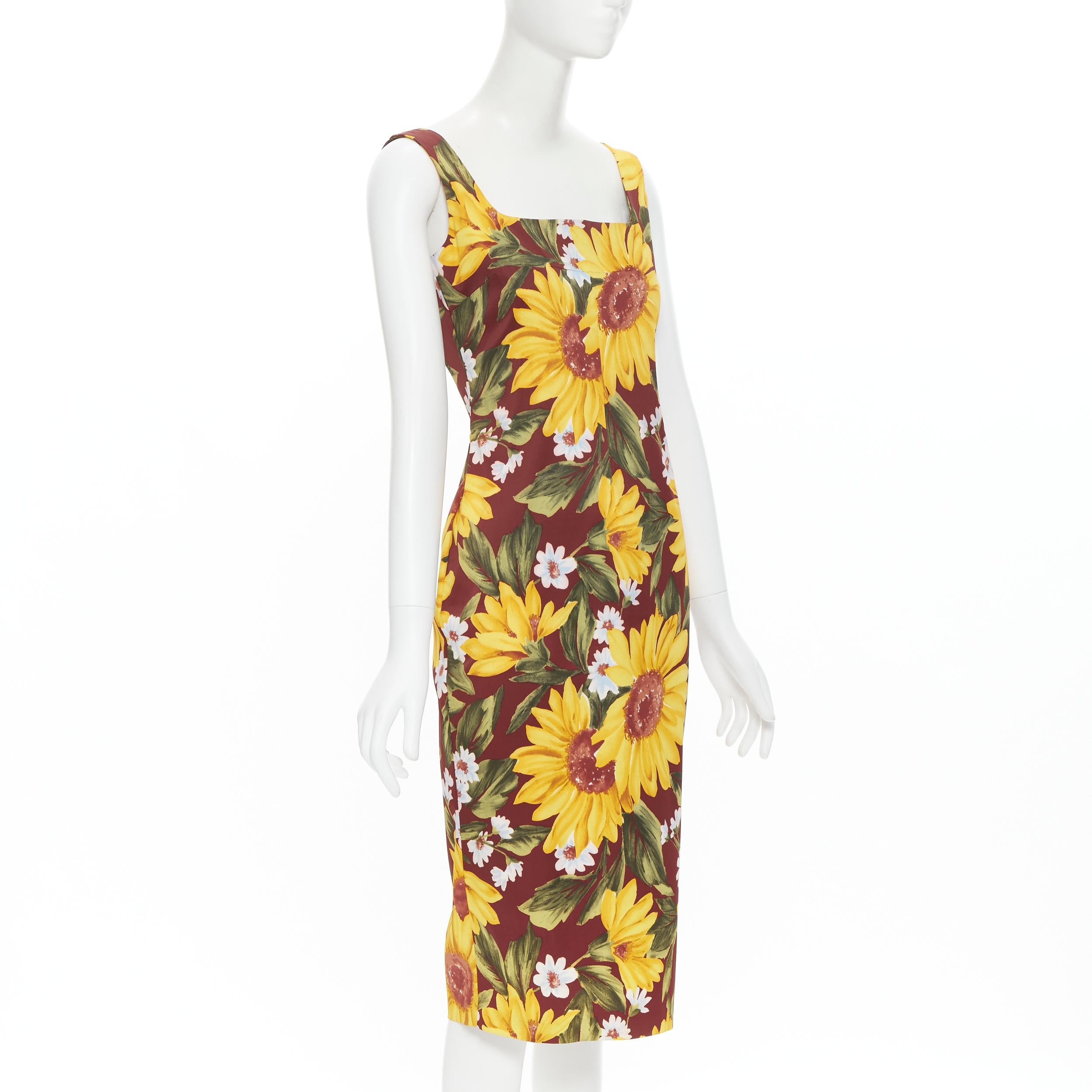 D&G DOLCE GABBANA sunflower floral print bodycon sheath dress IT42 M 
Reference: GIYG/A00085 
Brand: Dolce Gabbana 
Material: Acetate 
Color: Multicolour 
Pattern: Floral 
Closure: Zip 
Extra Detail: Angular neckline. 
Made in: Italy 

CONDITION: