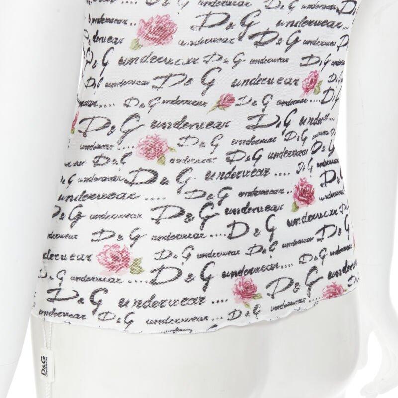 D&G DOLCE GABBANA Underwear white logo rose mesh lace trim cami tank top M For Sale 5