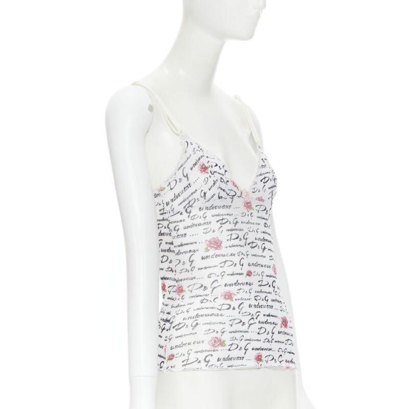 Gray D&G DOLCE GABBANA Underwear white logo rose mesh lace trim cami tank top M For Sale