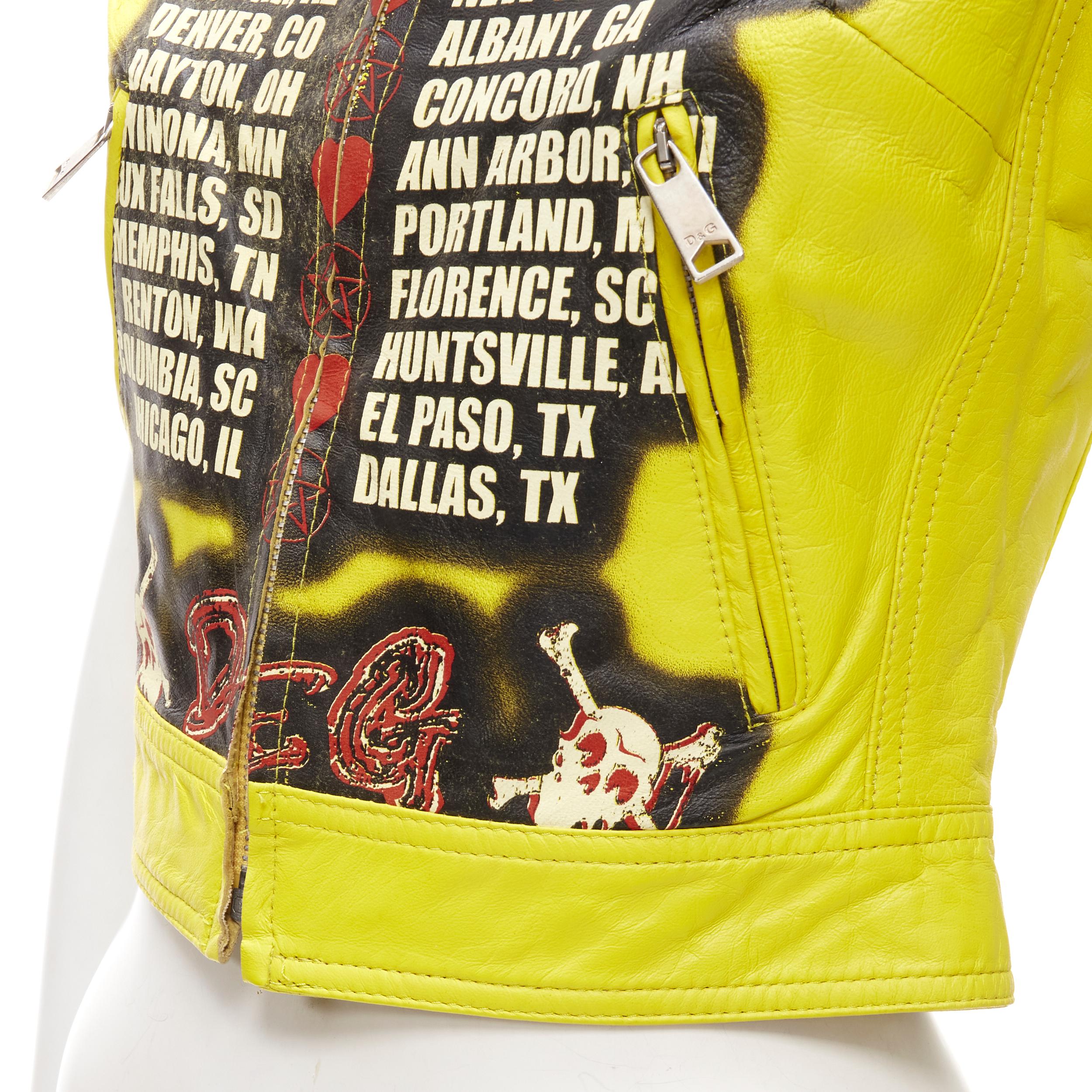 D&G DOLCE GABBANA Vintage 2001 yellow Modern Beauty rock leather biker IT38 XS 
Reference: ANWU/A00686 
Brand: D&G 
Collection: Fall Winter 2001 
Material: Leather 
Color: Yellow 
Pattern: Rock Roll band print 
Closure: Zip 
Extra Detail: Vintage