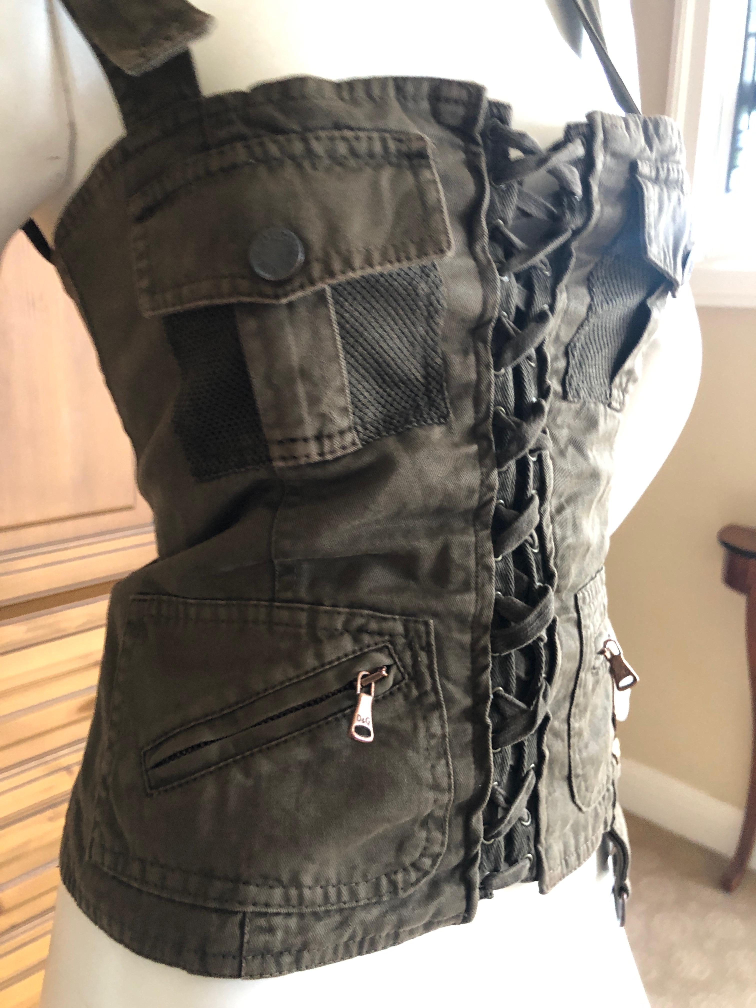 D&G Dolce & Gabbana Vintage Army Green Lace Up Corset Top In Excellent Condition In Cloverdale, CA