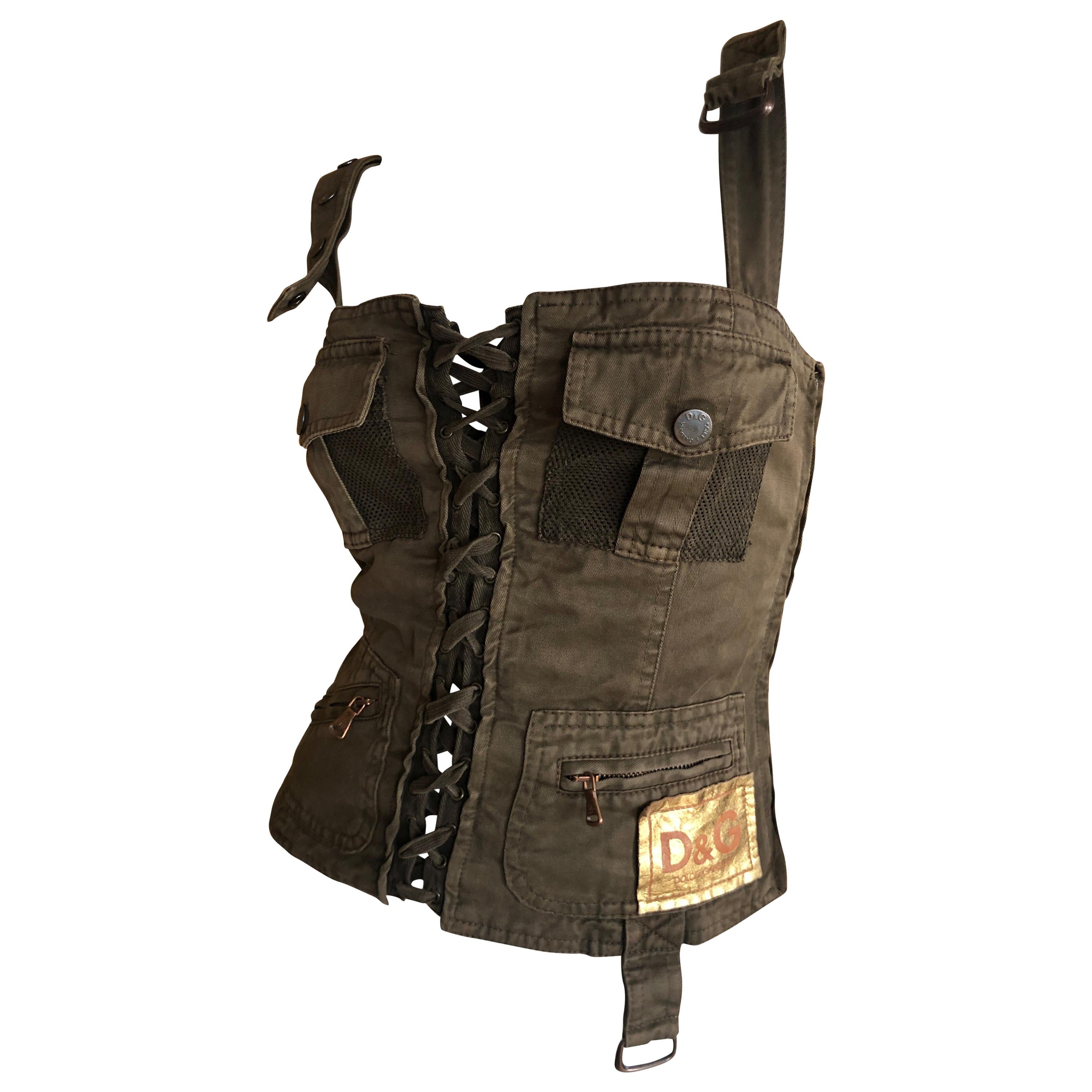 D&G Dolce & Gabbana Vintage Army Green Lace Up Corset Top