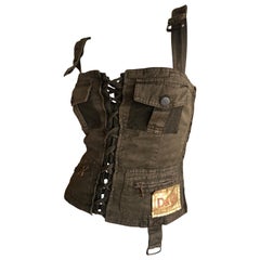 D&G Dolce & Gabbana Vintage Army Green Lace Up Corset Top