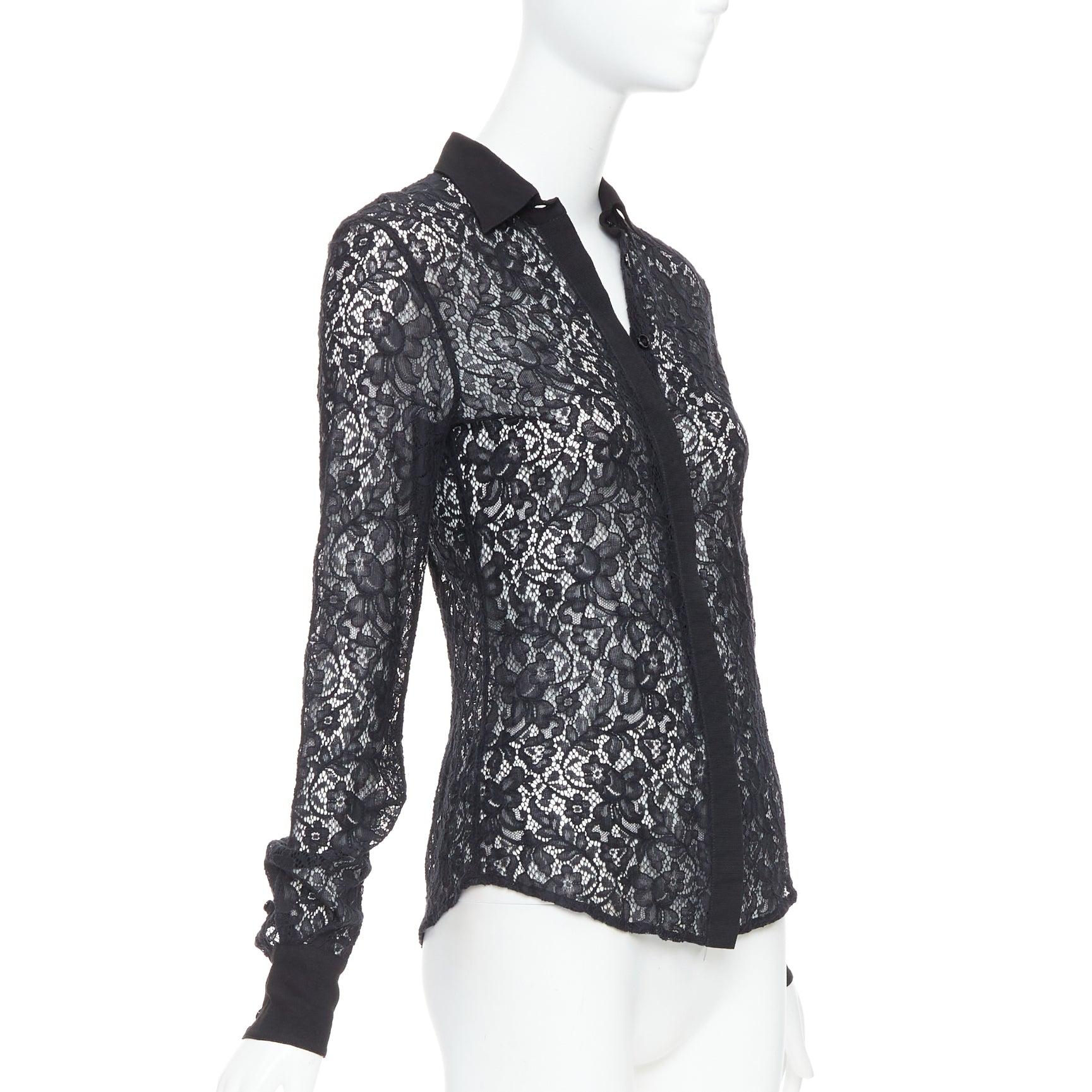 Black D&G DOLCE GABBANA Vintage black cotton silk lace sheer long sleeve shirt IT38 XS For Sale