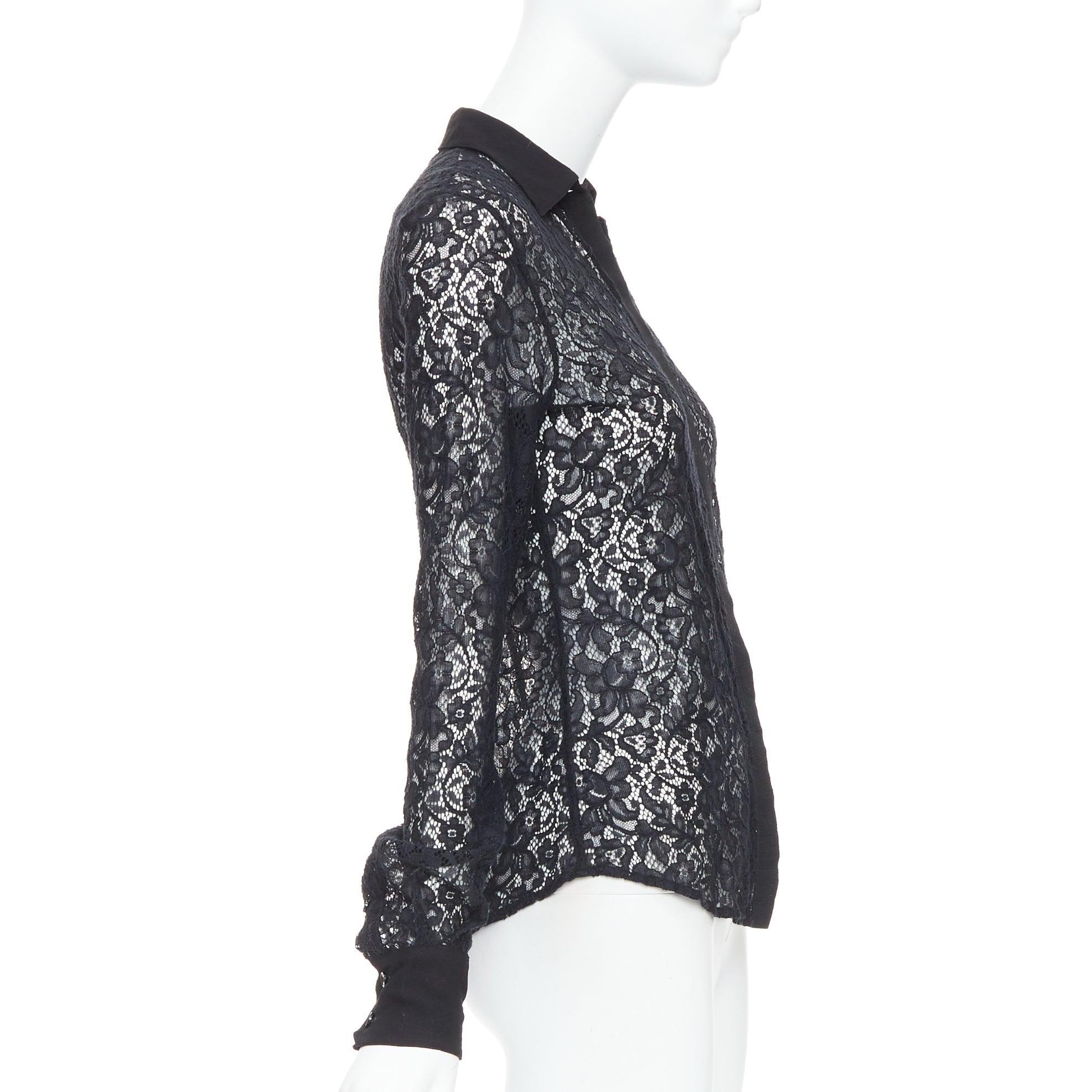D&G DOLCE GABBANA Vintage black cotton silk lace sheer long sleeve shirt IT38 XS In Excellent Condition For Sale In Hong Kong, NT