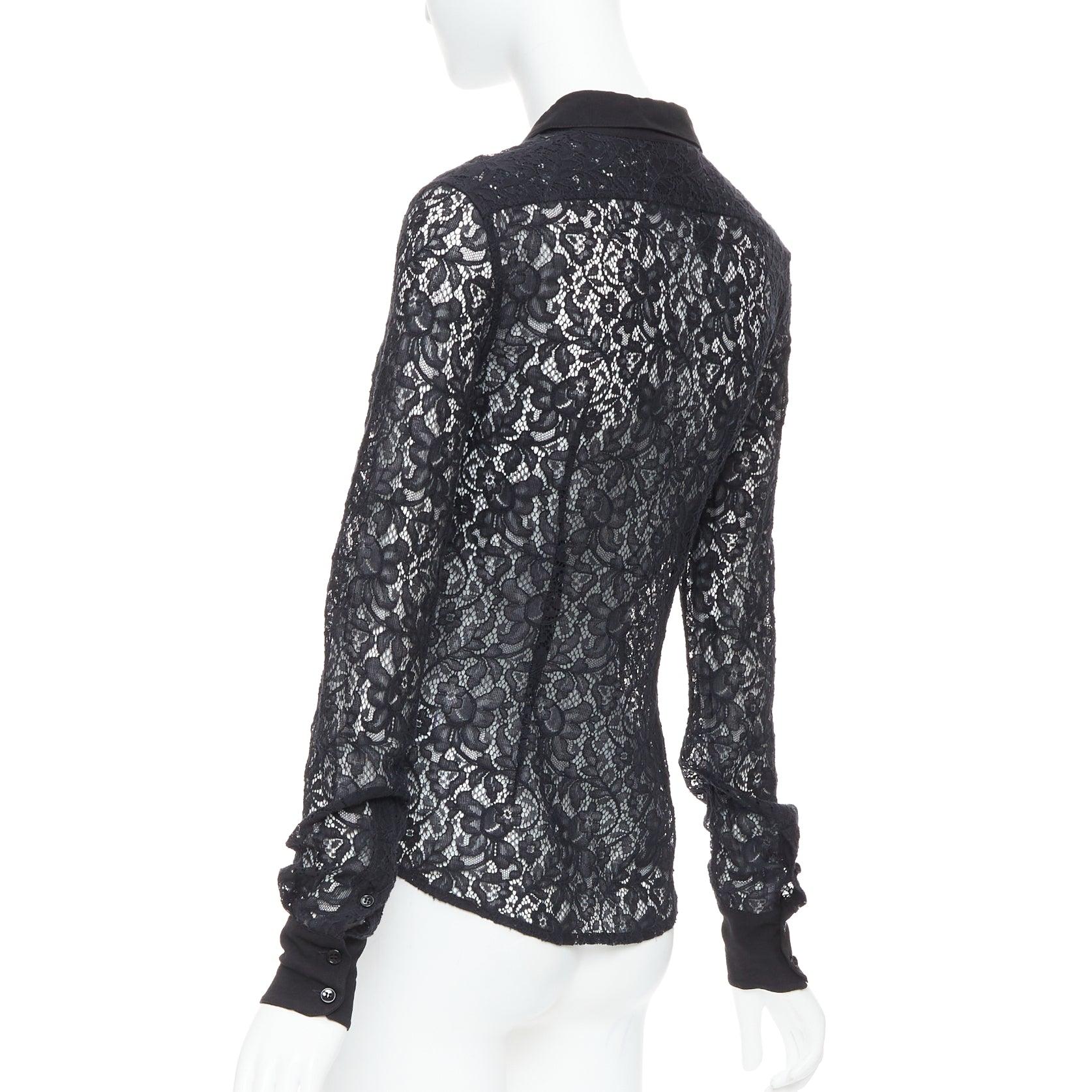 D&G DOLCE GABBANA Vintage black cotton silk lace sheer long sleeve shirt IT38 XS For Sale 1
