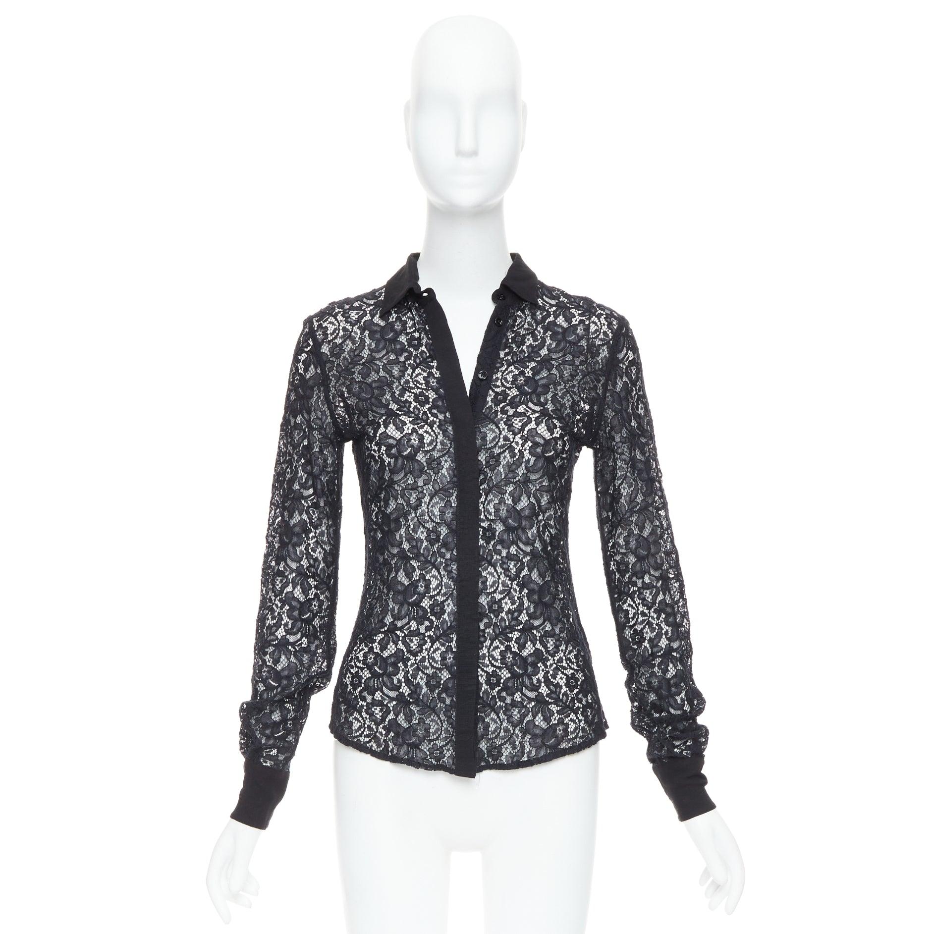 D&G DOLCE GABBANA Vintage black cotton silk lace sheer long sleeve shirt IT38 XS For Sale 4