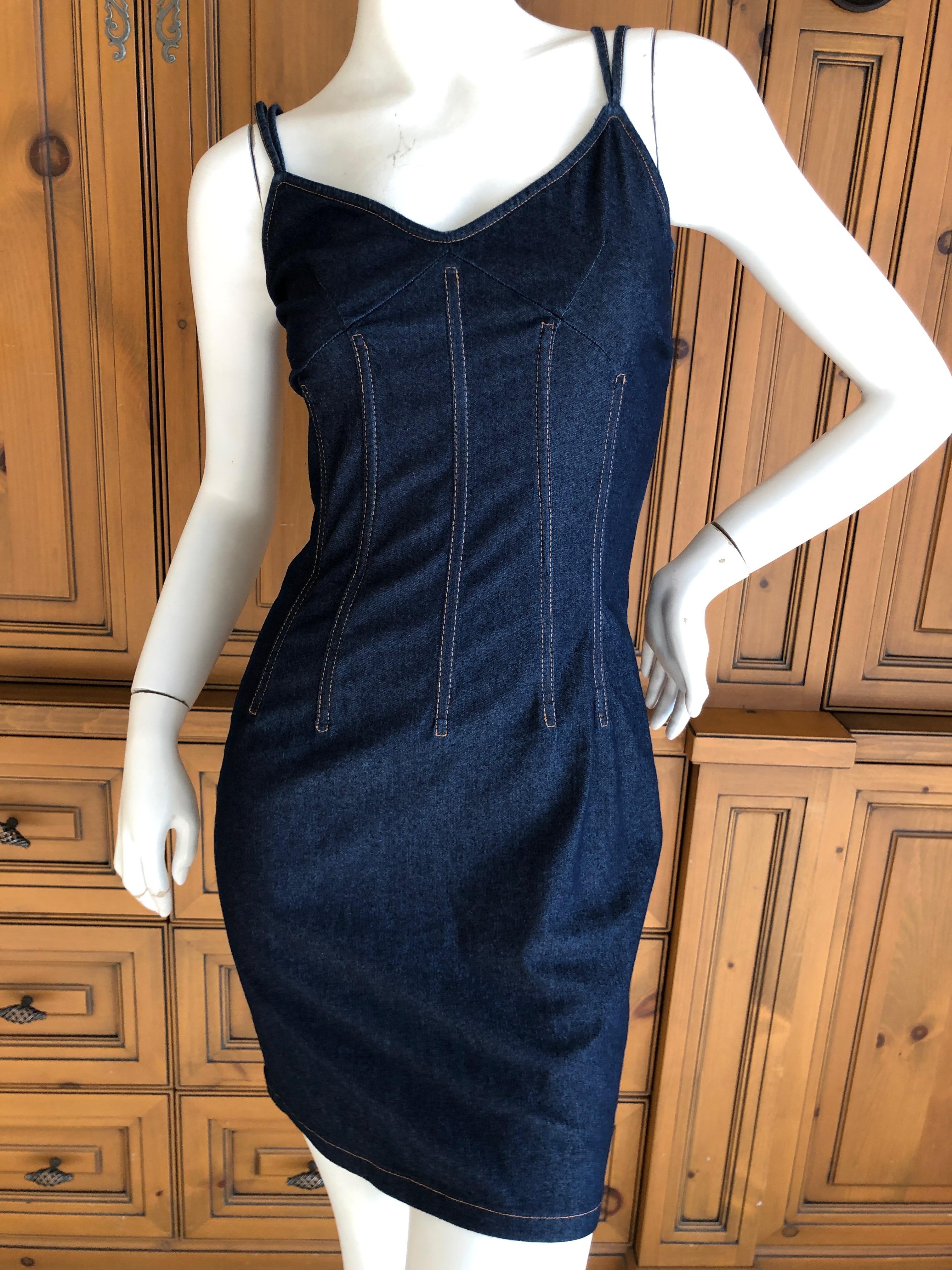 D&G Dolce & Gabbana Sexy Vintage Dark Denim Corset Dress with Lace Up Back.
There are corset stays in the dress, and it laces up , corset style up the back
Size 42, runs small
Lots of stretch
 Bust 36'
Waist 26