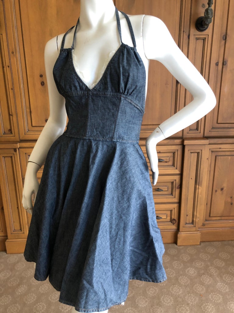 d&g denim dress Dolce & Gabbana Silk Shirt Blue Sweetheart neckline Sleeveless with adjustable shoulder straps Partially D&G Dolce and Gabbana Vintage