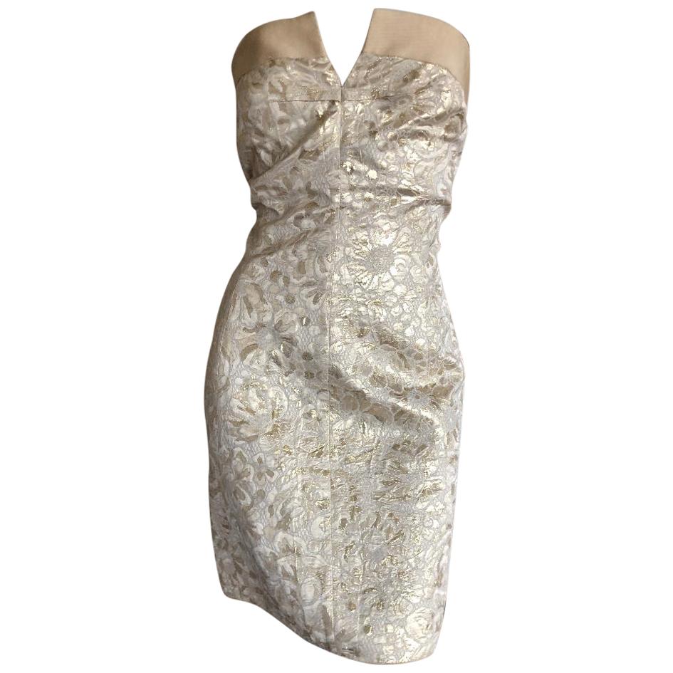 D&G Dolce & Gabbana Vintage Gold Floral Brocade Strapless Mini Dress For Sale