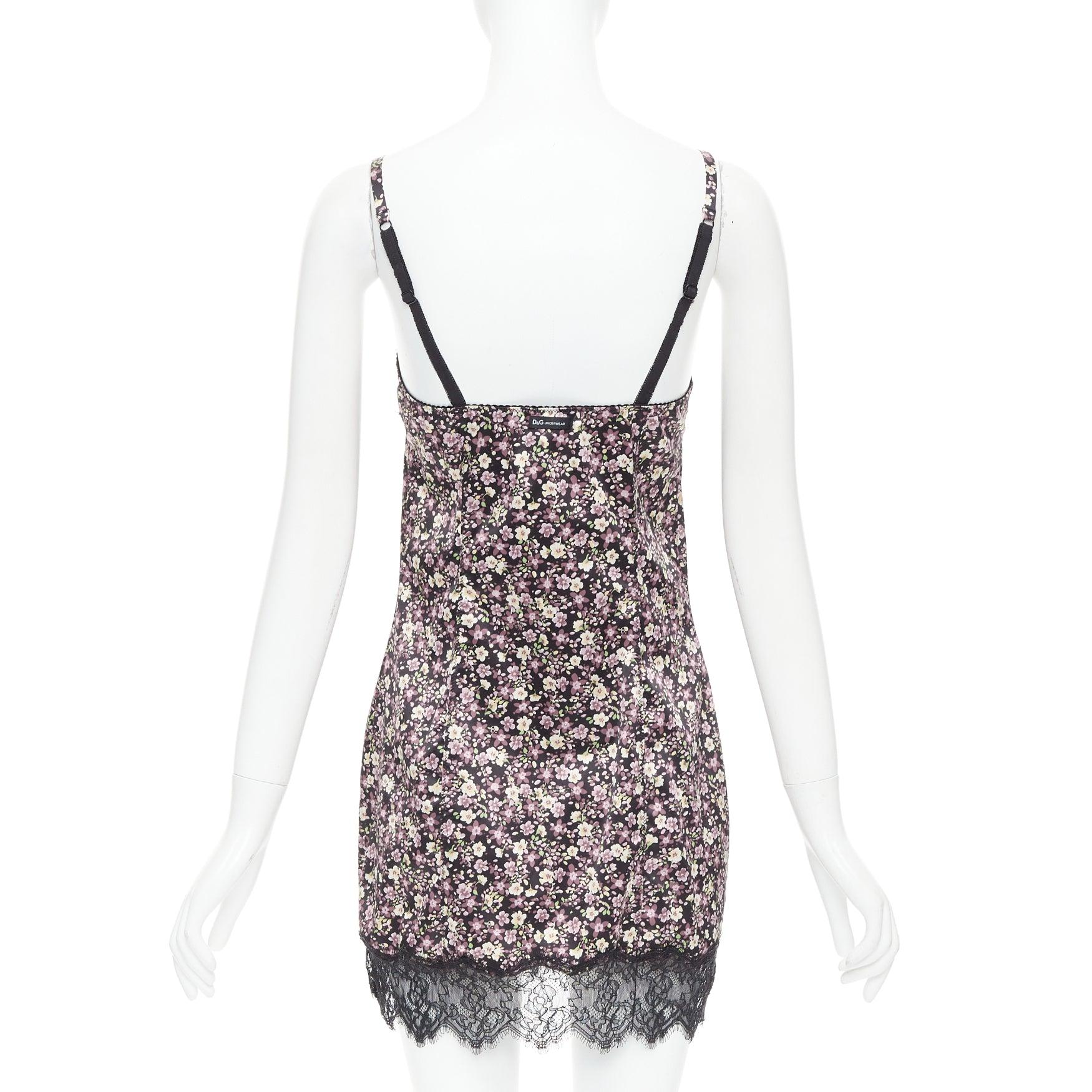 D&G DOLCE GABBANA Vintage Rosa Grünes florales schwarzes Slip-Kleid mit Schleifenbesatz und Spitzenbesatz M Damen im Angebot