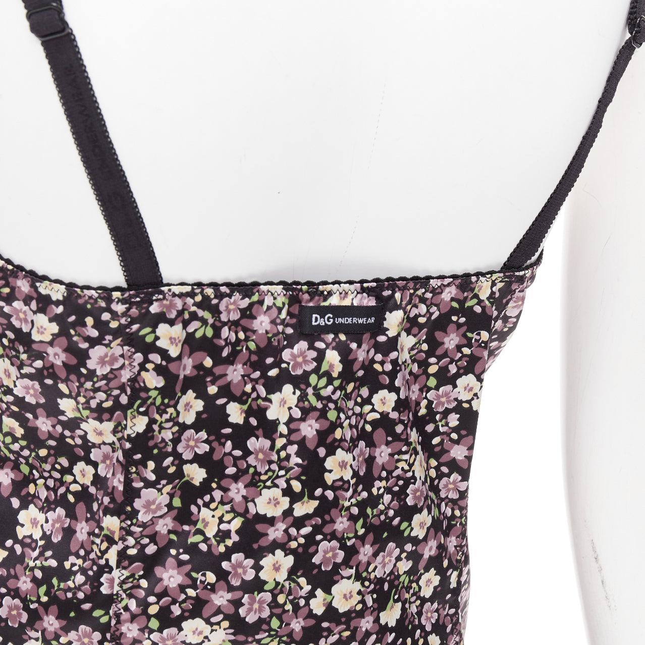 D&G DOLCE GABBANA Vintage Rosa Grünes florales schwarzes Slip-Kleid mit Schleifenbesatz und Spitzenbesatz M im Angebot 2