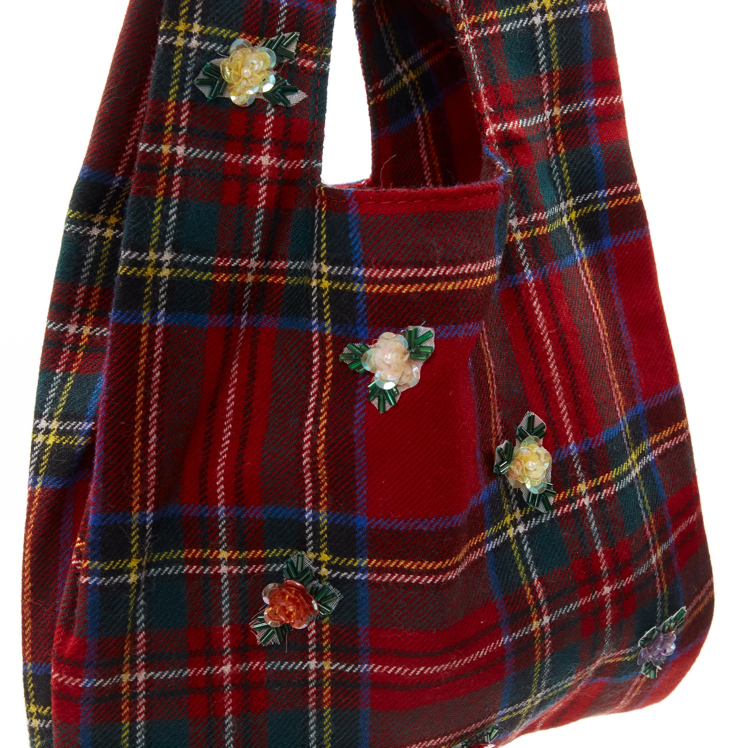 D&G DOLCE GABBANA Vintage red plaid tartan floral bead embellished tote bag 1