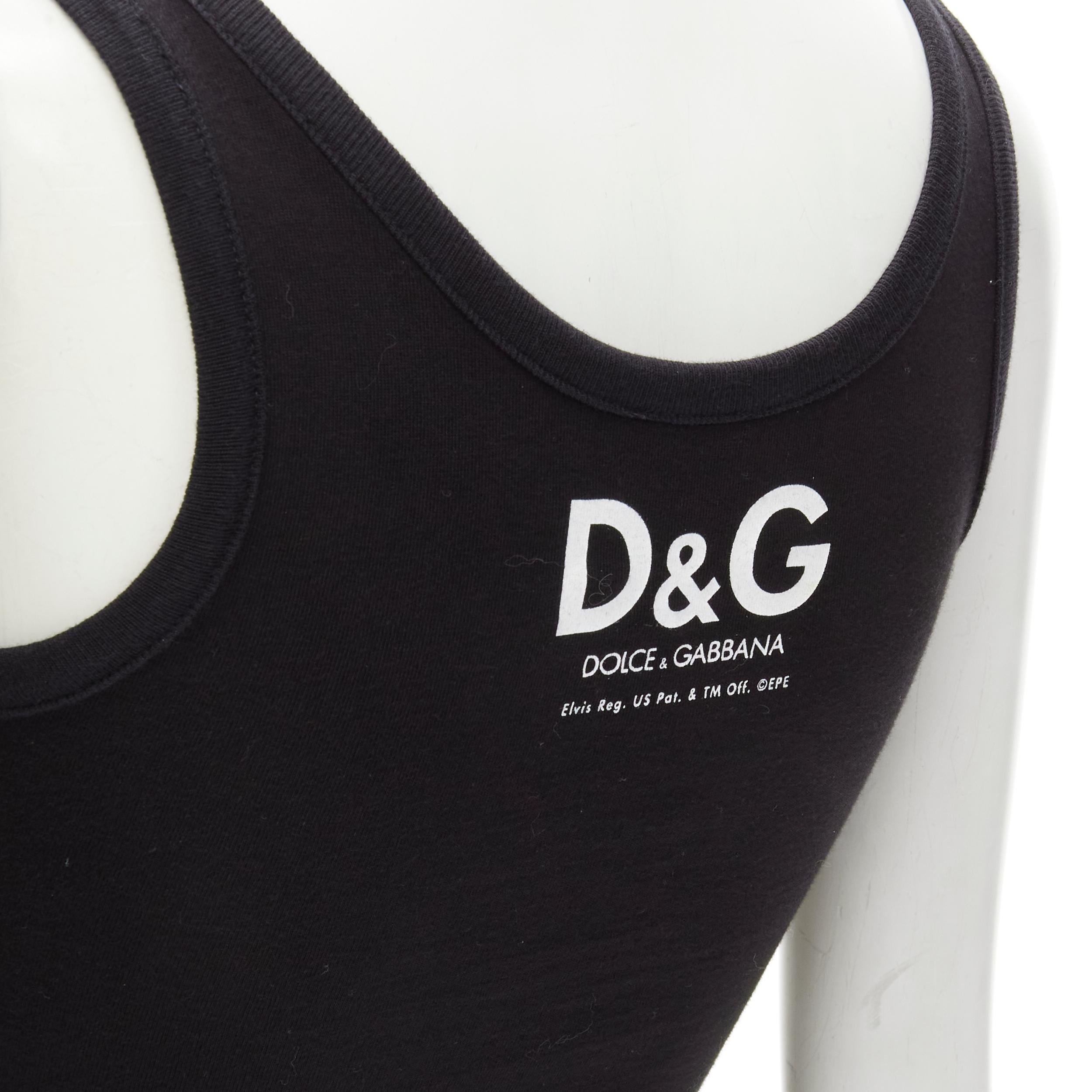 D&G DOLCE GABBANA Vintage Y2K Elvis Presley photo print ribbed trim tank top S 
Reference: ANWU/A00616 
Brand: D&G 
Material: Feels like cotton 
Color: Black 
Pattern: Elvis Photo print 

CONDITION: 
Condition: Excellent, this item was pre-owned and