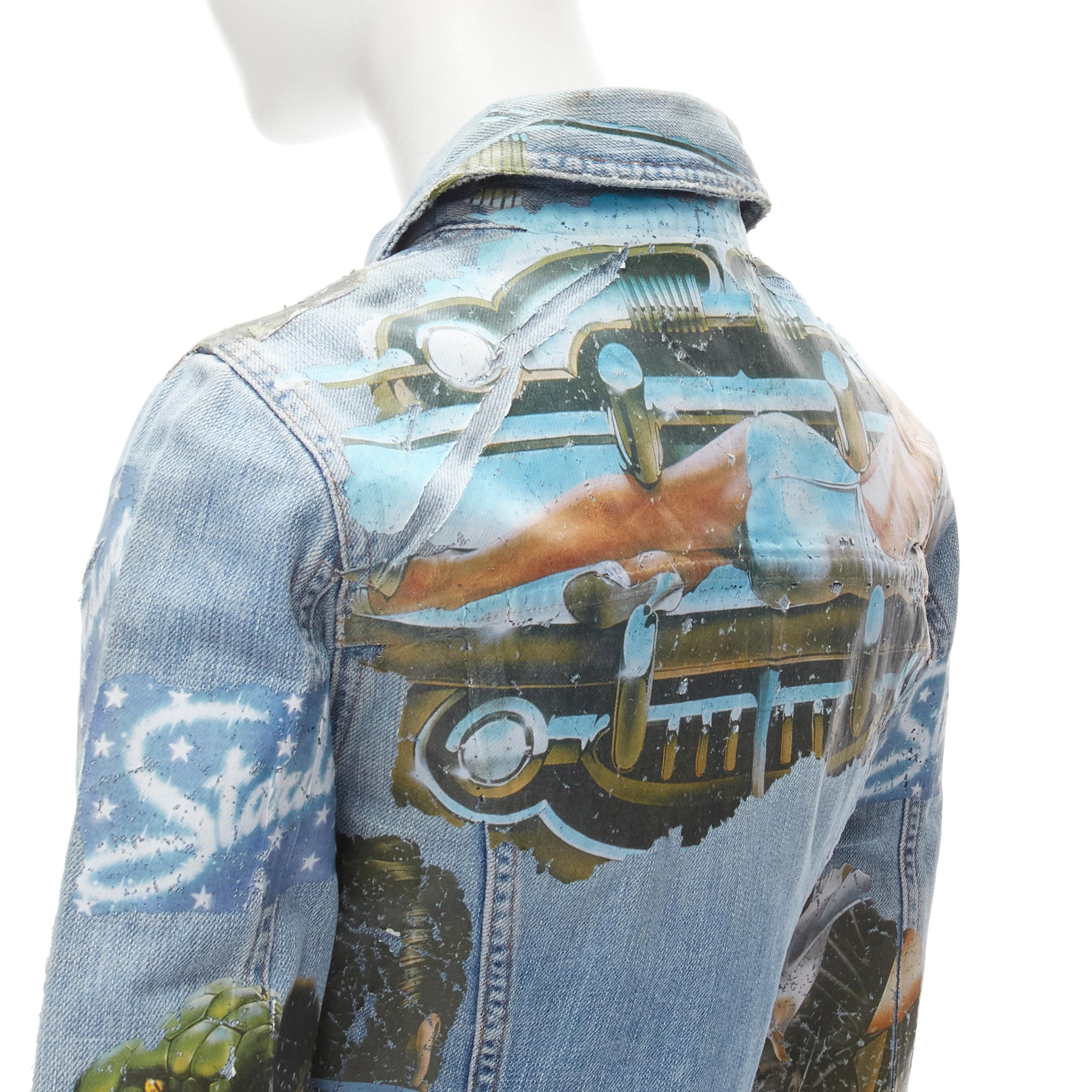 D&G DOLCE GABBANA Vintage Y2K pin up girls retro car denim jacket XS 
Reference: ANWU/A00702 
Brand: D&G 
Material: Cotton 
Color: Blue 
Closure: Button 
Extra Detail: Distressed patched print for vintage effect. Button front closure. 
Made in: