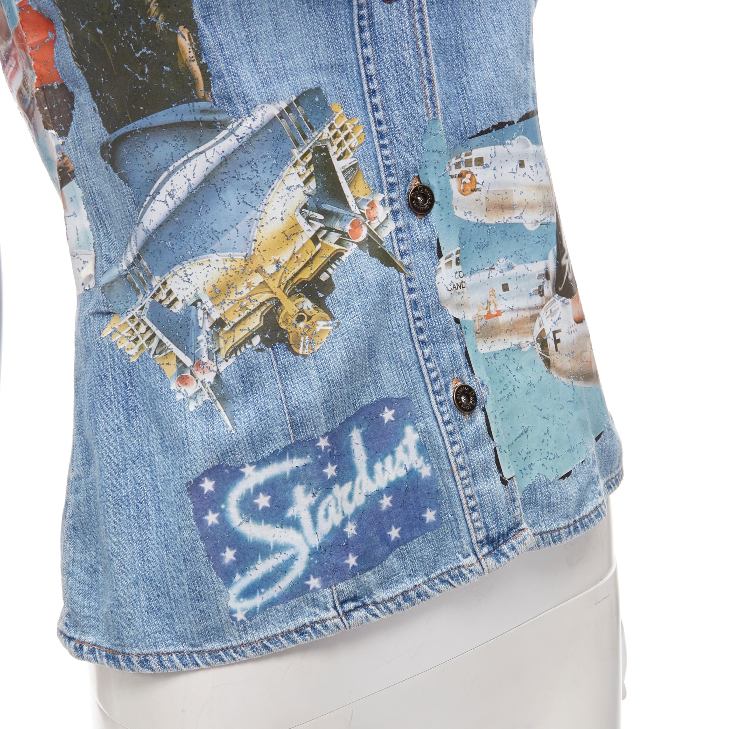D&G DOLCE GABBANA Vintage Y2K pin up girls retro car denim vest XS 
Reference: ANWU/A00629 
Brand: D&G 
Material: Cotton 
Color: Blue 
Pattern: Pin up girls 
Closure: Button 
Extra Detail: Distressed patched print for vintage effect. Button front