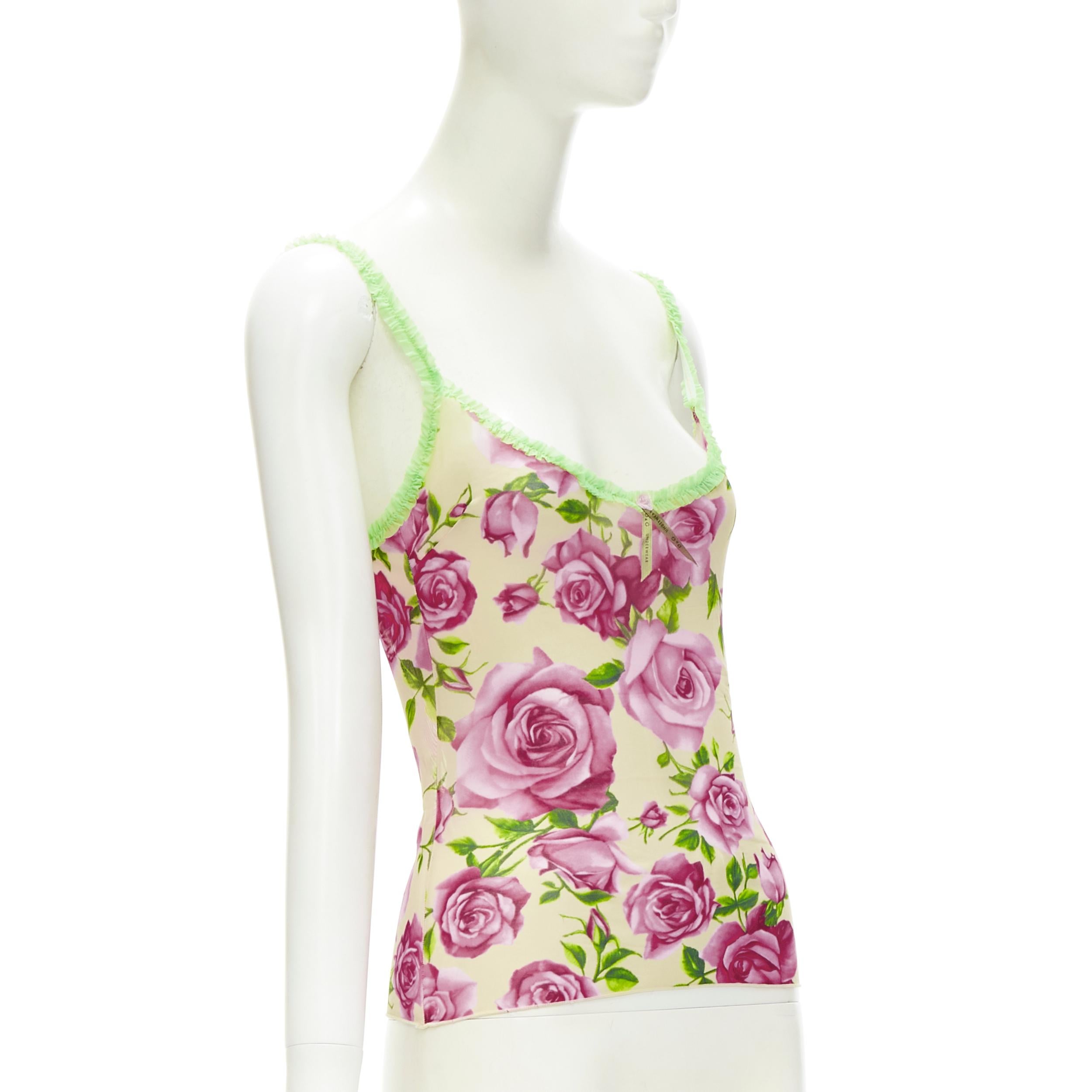D&G DOLCE GABBANA Vintage Y2K pink rose green ruffle trim cami tank top XS In Excellent Condition For Sale In Hong Kong, NT
