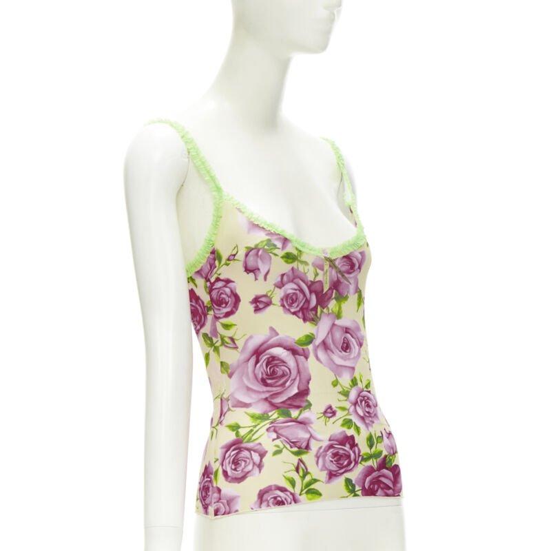 Beige D&G DOLCE GABBANA Vintage rose rose green ruffle trim cami top XS en vente