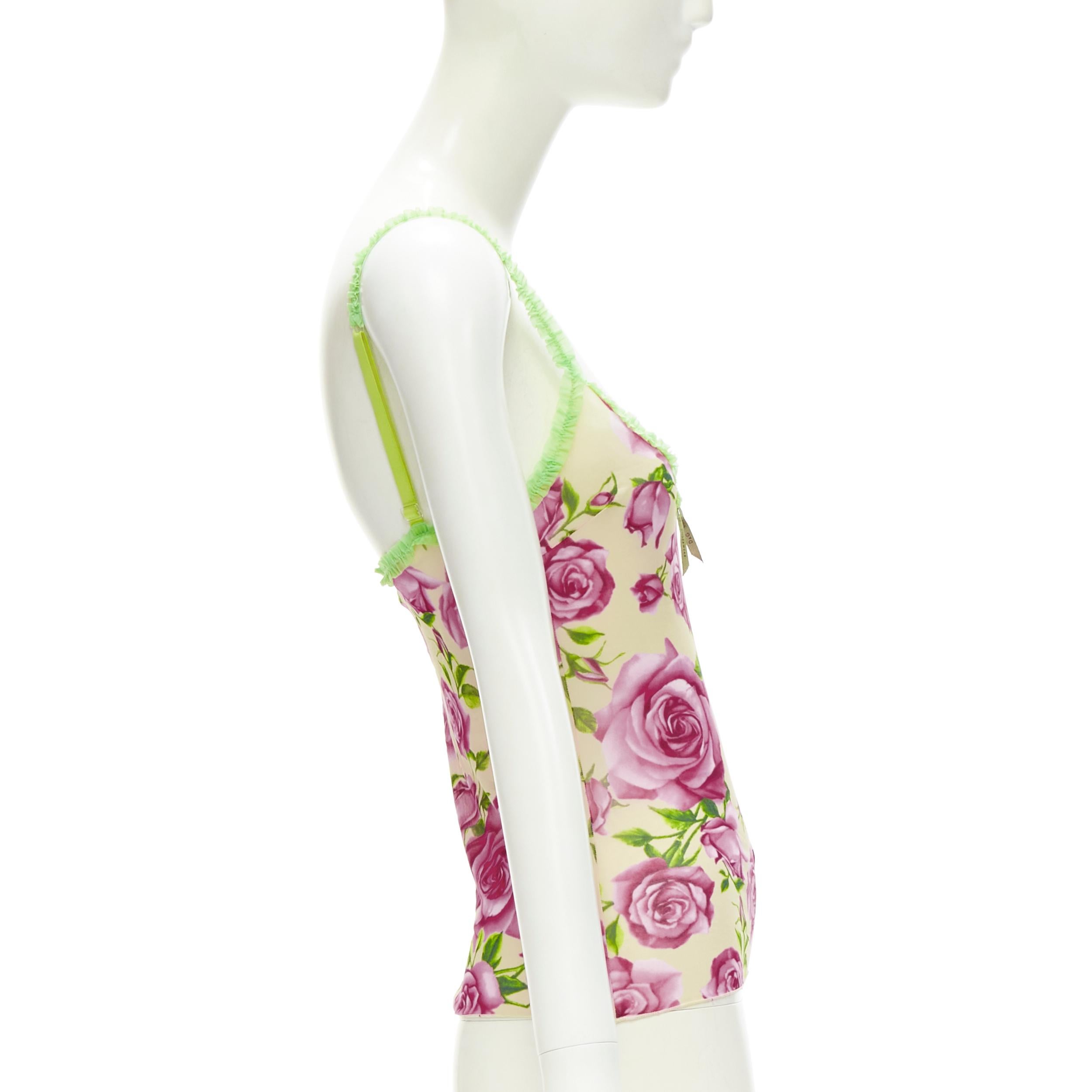 Women's D&G DOLCE GABBANA Vintage Y2K pink rose green ruffle trim cami tank top XS For Sale