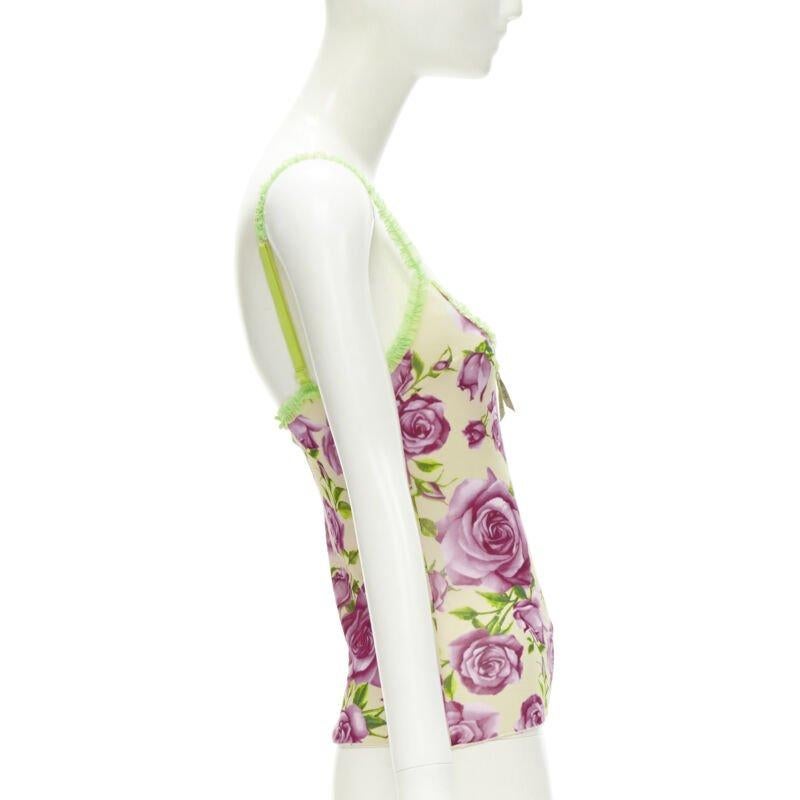 D&G DOLCE GABBANA Vintage rose rose green ruffle trim cami top XS Excellent état - En vente à Hong Kong, NT