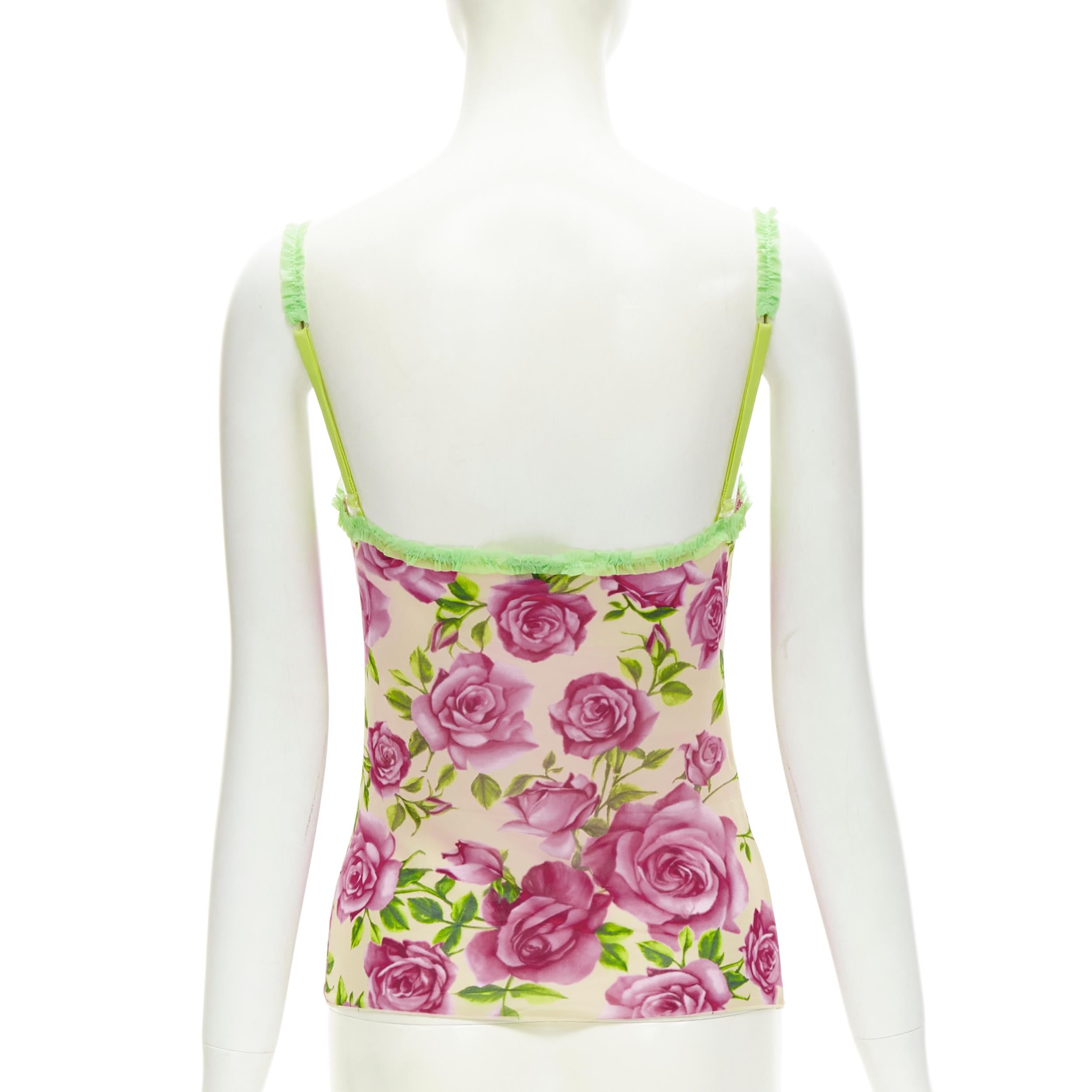 D&G DOLCE GABBANA Vintage Y2K pink rose green ruffle trim cami tank top XS For Sale 1