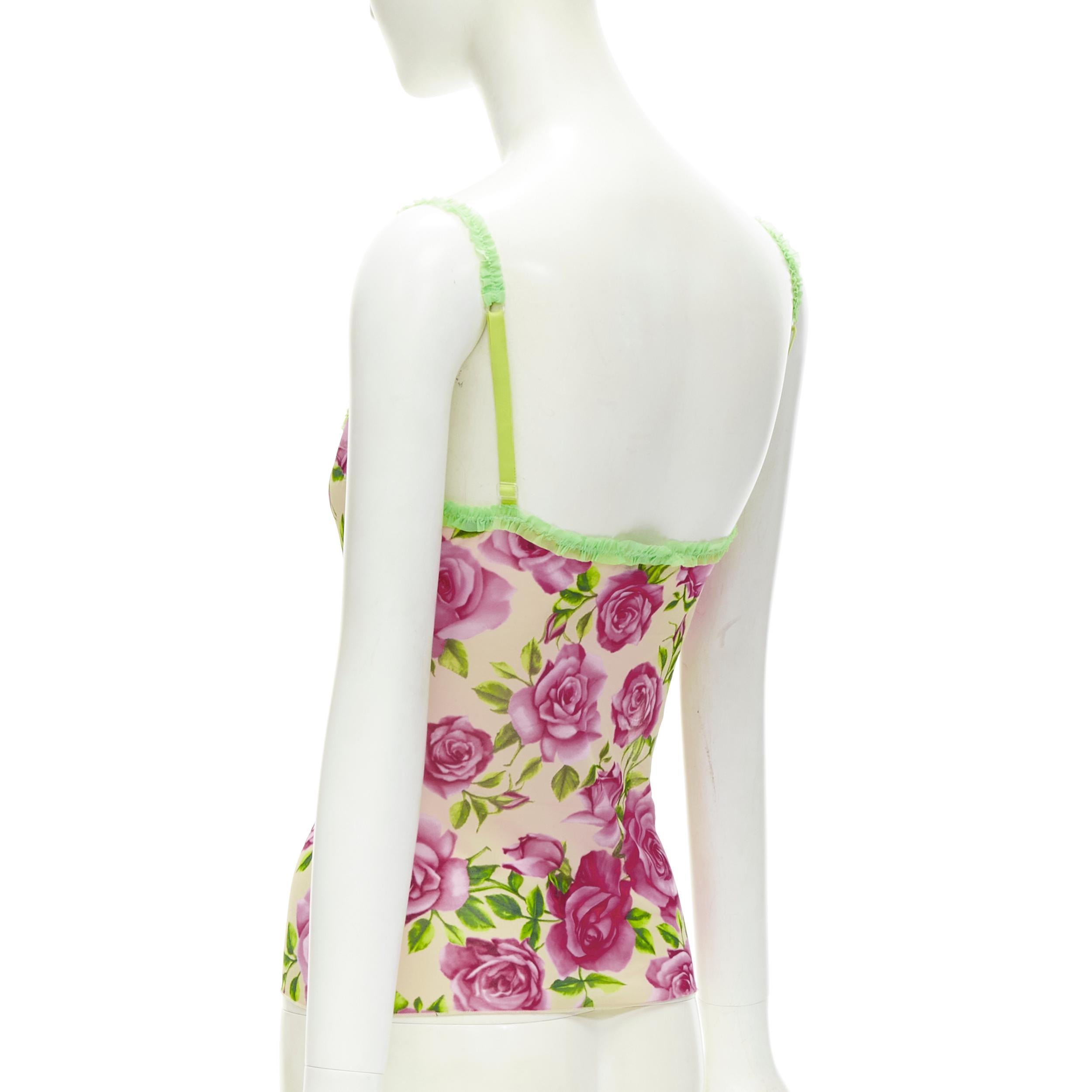 D&G DOLCE GABBANA Vintage Y2K pink rose green ruffle trim cami tank top XS For Sale 2