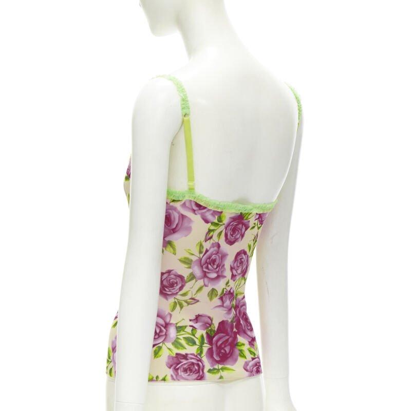 D&G DOLCE GABBANA Vintage rose rose green ruffle trim cami top XS en vente 1