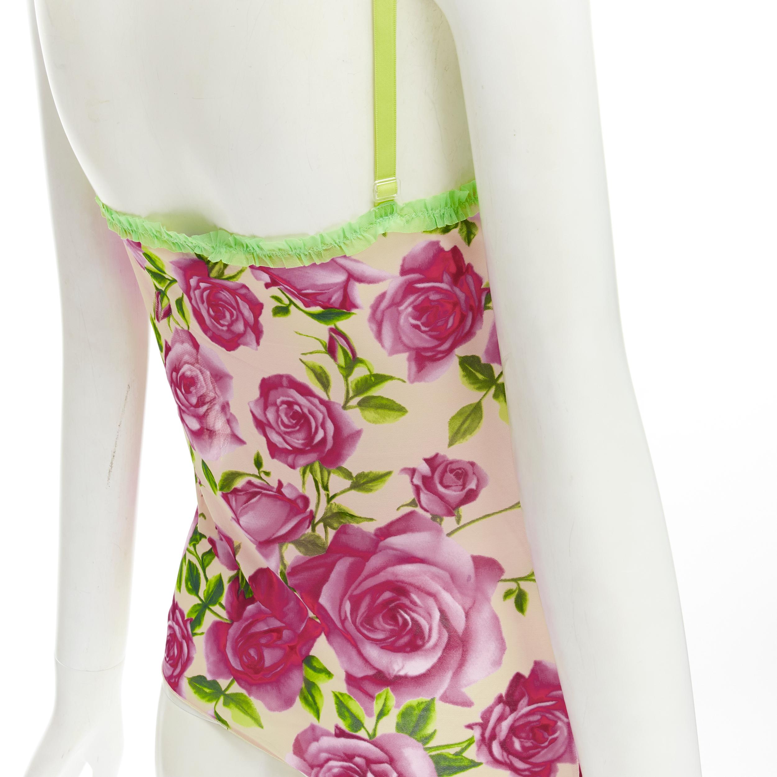 D&G DOLCE GABBANA Vintage Y2K pink rose green ruffle trim cami tank top XS For Sale 3