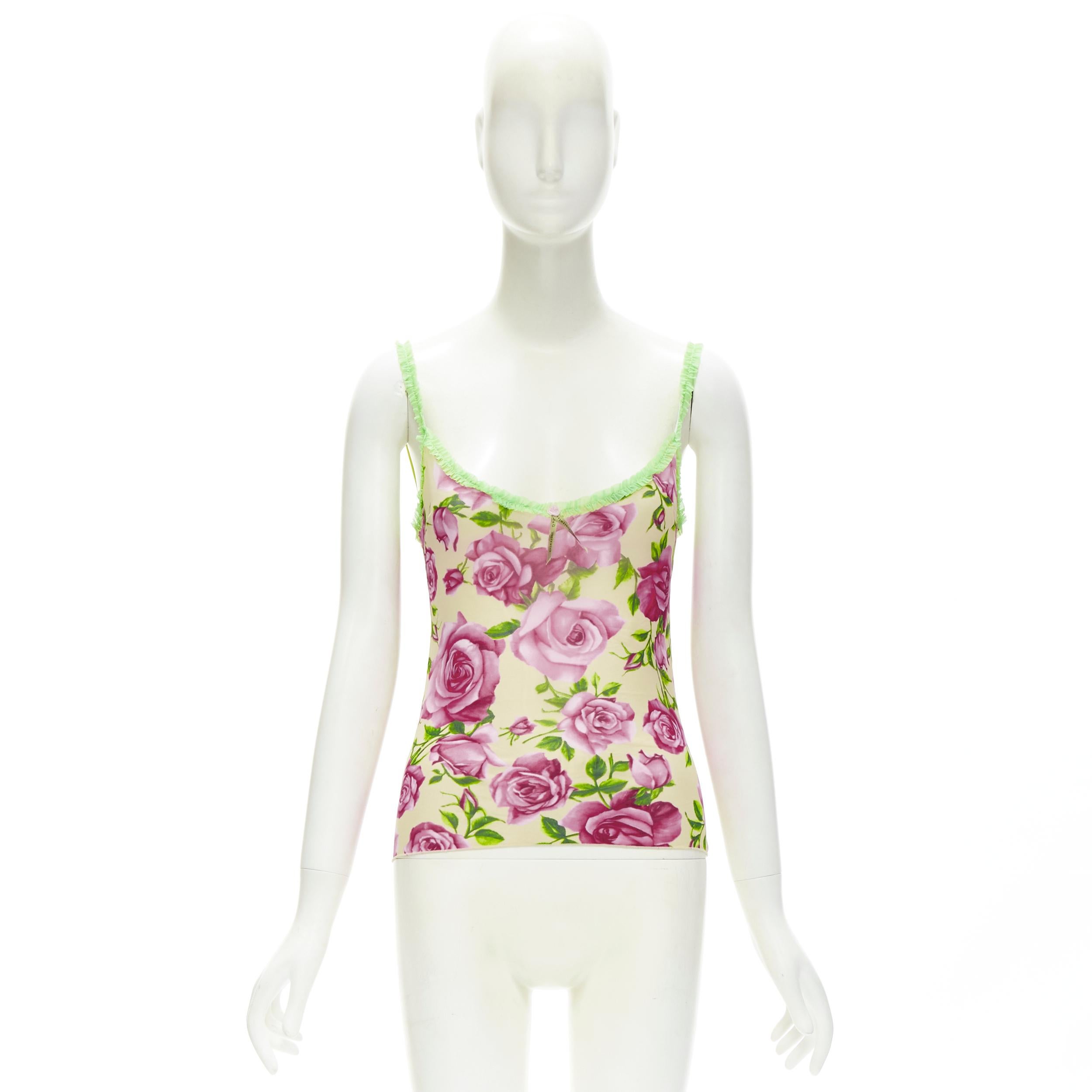 D&G DOLCE GABBANA Vintage Y2K pink rose green ruffle trim cami tank top XS For Sale 5