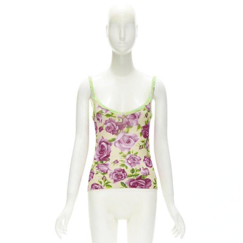 D&G DOLCE GABBANA Vintage rose rose green ruffle trim cami top XS en vente 4