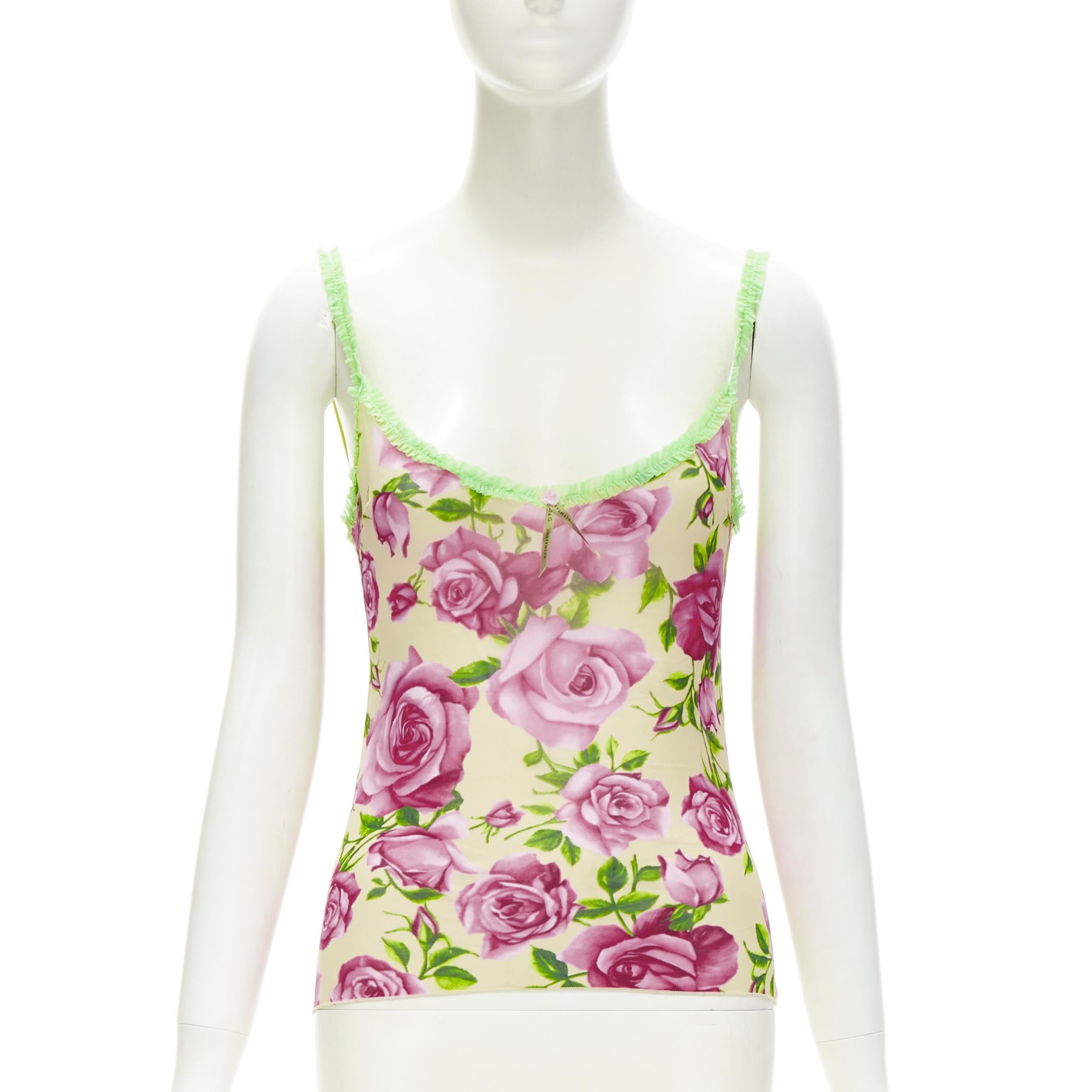 D&G DOLCE GABBANA Vintage Y2K pink rose green ruffle trim cami tank top XS For Sale