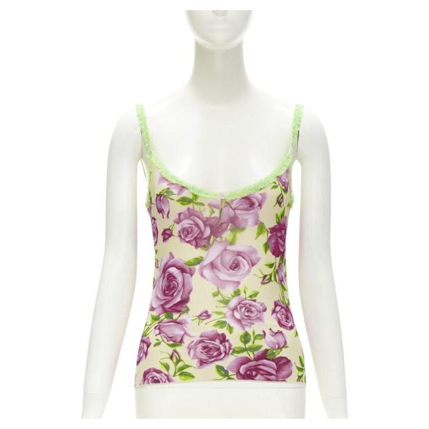 D&G DOLCE GABBANA Vintage rose rose green ruffle trim cami top XS en vente