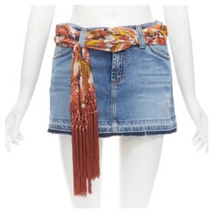 D&G DOLCE GABBANA Vintage Y2K washed denim fringe scarf belt mini skirt IT38 XS