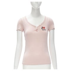 D&G DOLCE GABBANA T-shirt I Love DG à col en V et bordure en velours rose Y2K IT40 XS