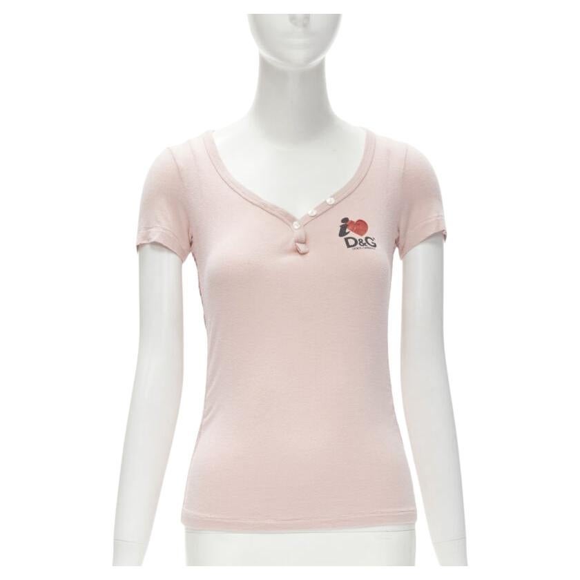 D&G DOLCE GABBANA Y2K pink logo I Love DG velvet trim V-neck tshirt IT40 XS For Sale