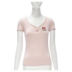 D&G DOLCE GABBANA Y2K pink logo I Love DG velvet trim V-neck tshirt IT40 XS