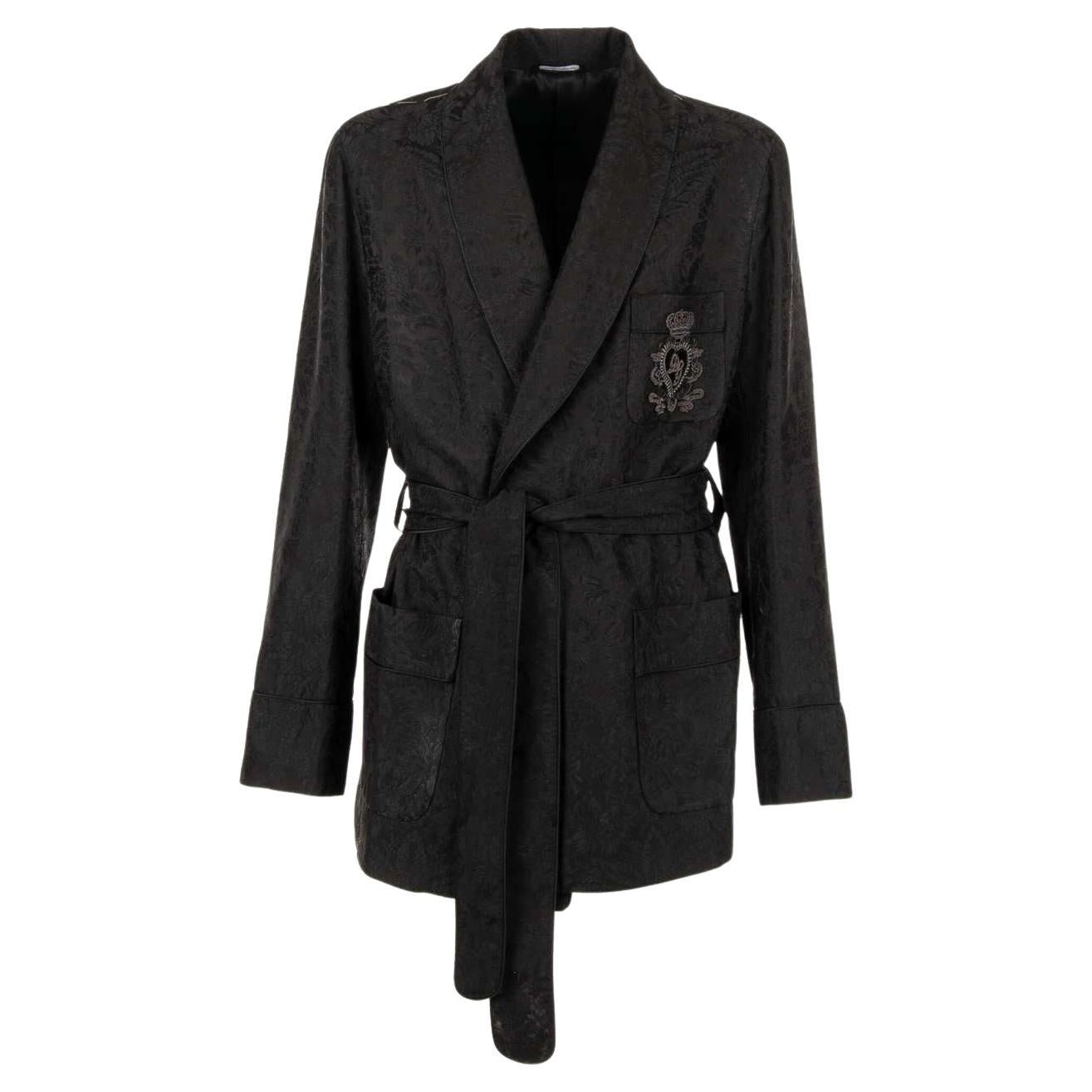 D&G Floral Jacquard Robe Blazer with DG Heart Crown Embroidery Black 46 For Sale