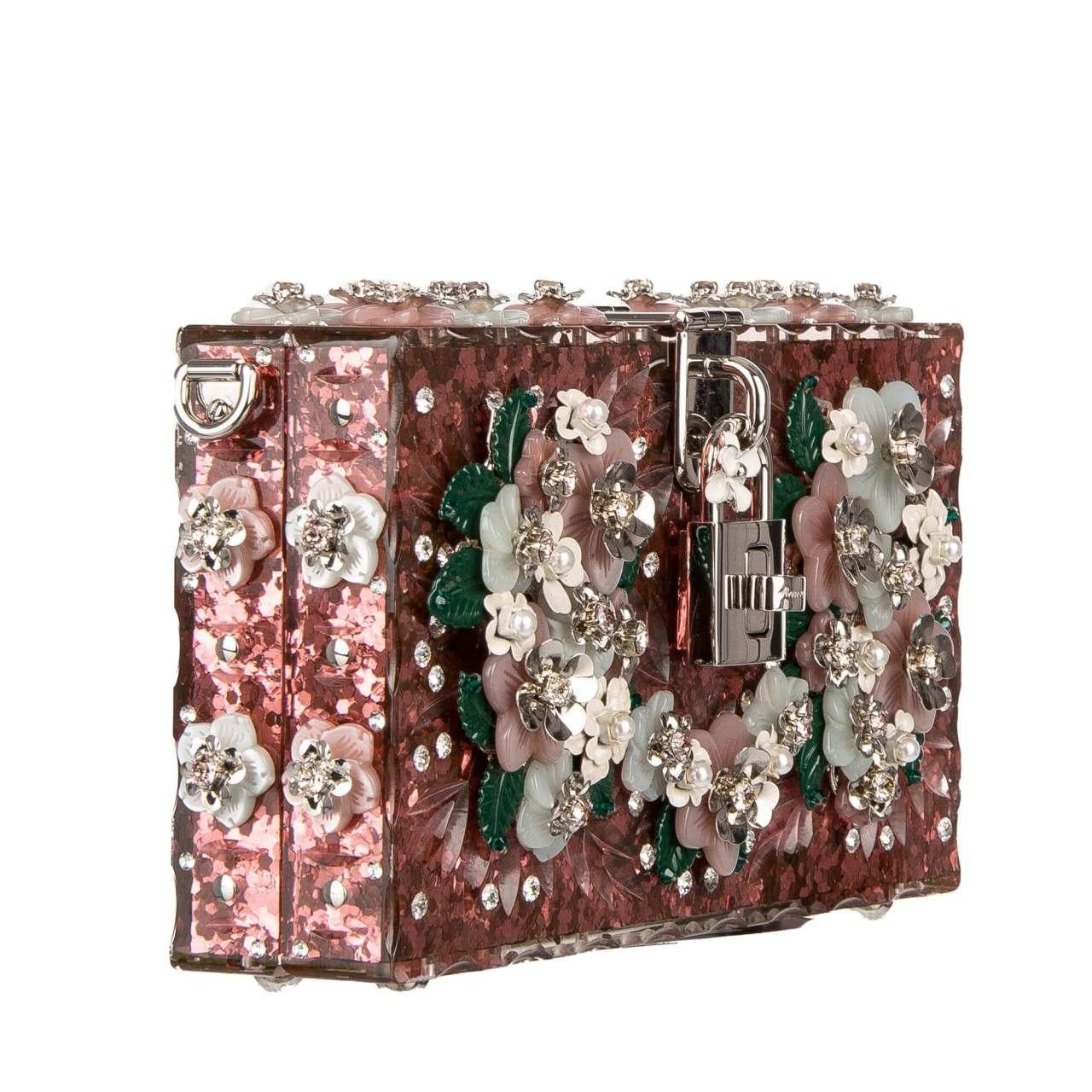 - Unique pink glitter plexiglass clutch / evening bag DOLCE BOX with multicolor flowers and crystals applications and decorative padlock by DOLCE & GABBANA - New with Tag, Authenticity Card and Dustbag - Former RRP: EUR 3.450 - MADE IN ITALY -