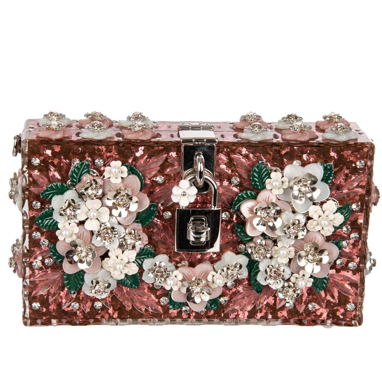D&G Glitter Plexiglass Clutch Bag DOLCE BOX with Flowers and Crystals Pink In Excellent Condition For Sale In Erkrath, DE